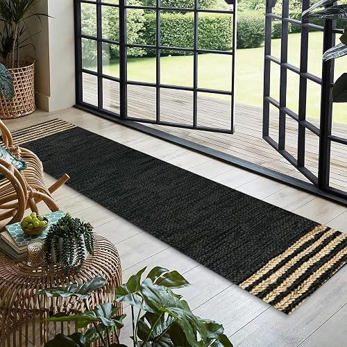 GRUHUM Black Leather Jute Runner Rug 2'6'X10' ft Natural Handwoven Braided