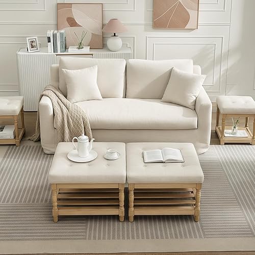 Miniatura 7 de UEV Juego de 2 mesas de centro otomanas cuadradas, tapizada con reposapiés otomana de almacenamiento, mesa de centro con estante de madera y patas