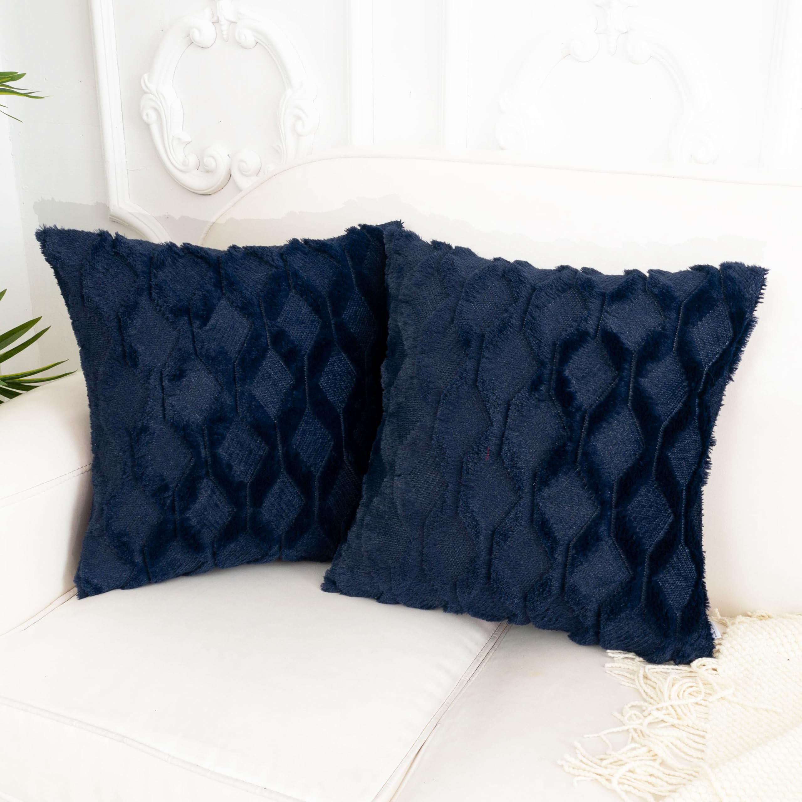 Smile of hope Dark Blue Throw Pillow Covers 18x18 Set of 2 Decorative Farmhouse Couch Throw Pillows Boho Shells Cute Soft Plush Wool Winter