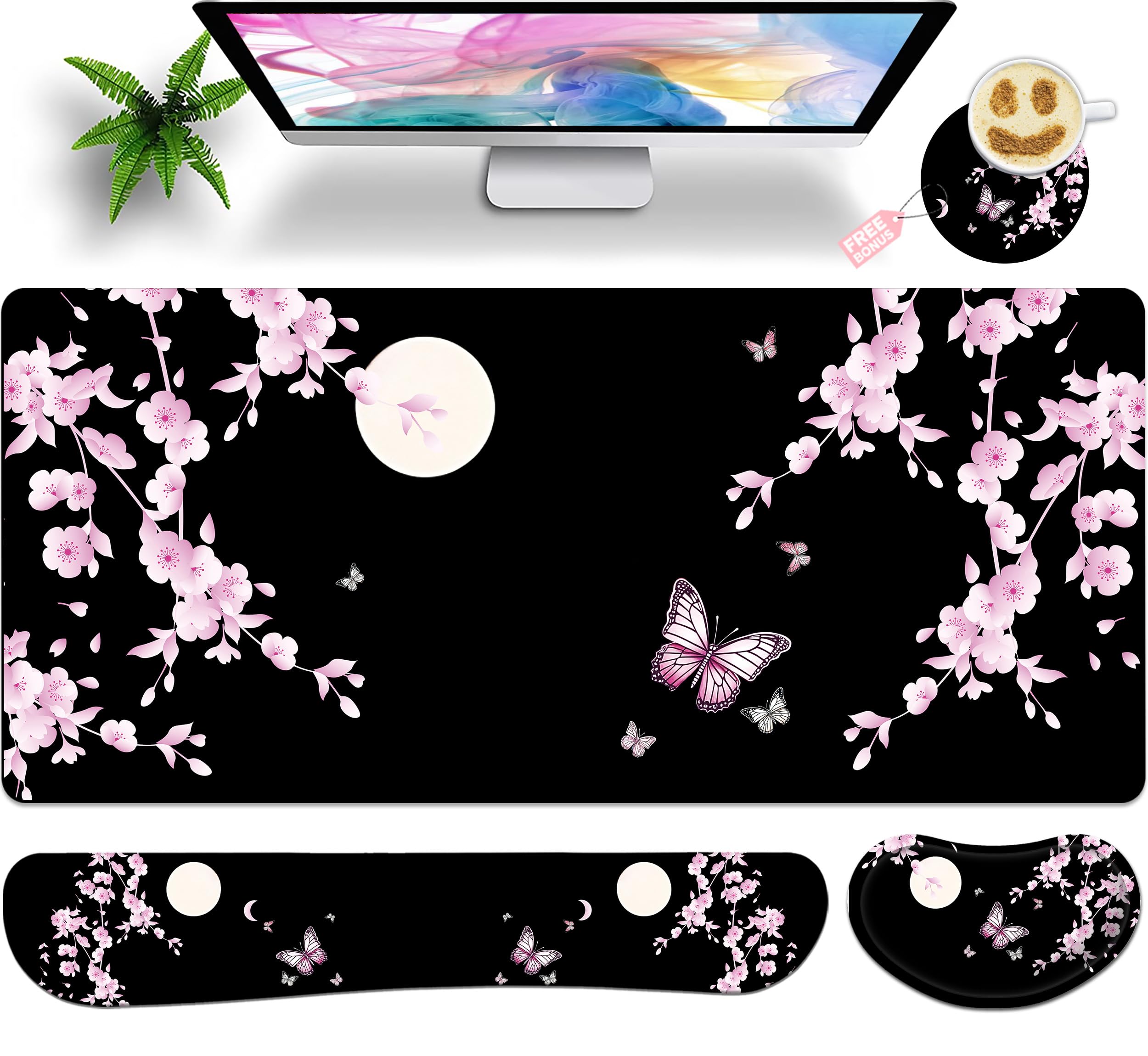 JYCUHTCL Large Gaming Mouse Pad Set 35.4 x 15.7 with Keyboard Wrist Rest, Wrist Support, and Coaster Memory Foam Smooth Desk Pad Mousepad for Home