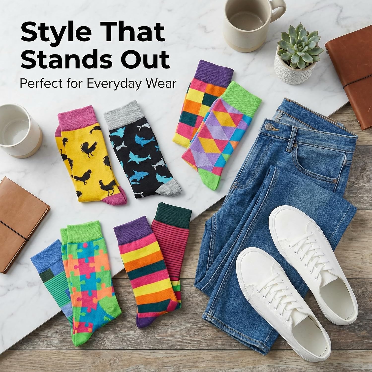JAMES FIALLO Dress Socks for Men, Casual Colorful Fun Novelty Fashion Patterned Men's Dress Socks, Pack of 12 Super Soft