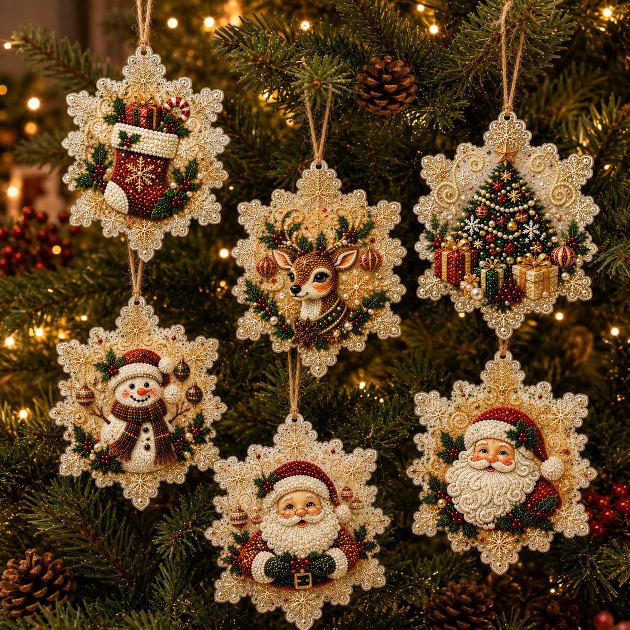 BibHoly 6PCS Christmas Wooden Ornaments DIY Pearl Diamond Painting Kit (#P)