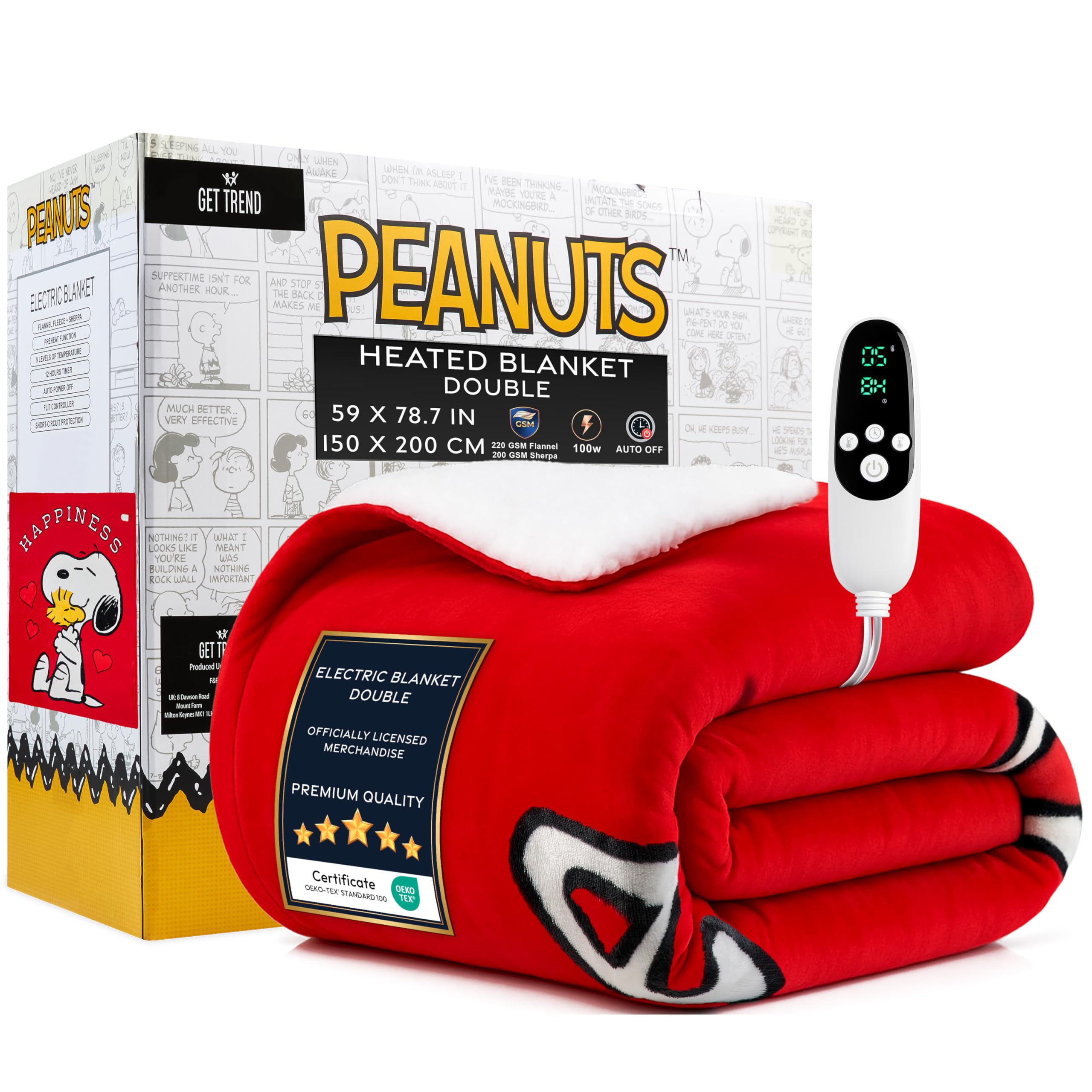 Get Trend Peanuts Snoopy Electric Blanket 150x200cm, Double Size Soft & Luxurious Sherpa Fleece Heated Blanket, 9 Heat Settings 12-Hour Auto-Off Timer (Red Snoopy, Double UK)