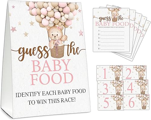 Guess the Baby Food Party Games, juego de baby shower, 1 letrero de pie + 25 tarjetas de respuesta + 6 tarjetas de números, suministros de
