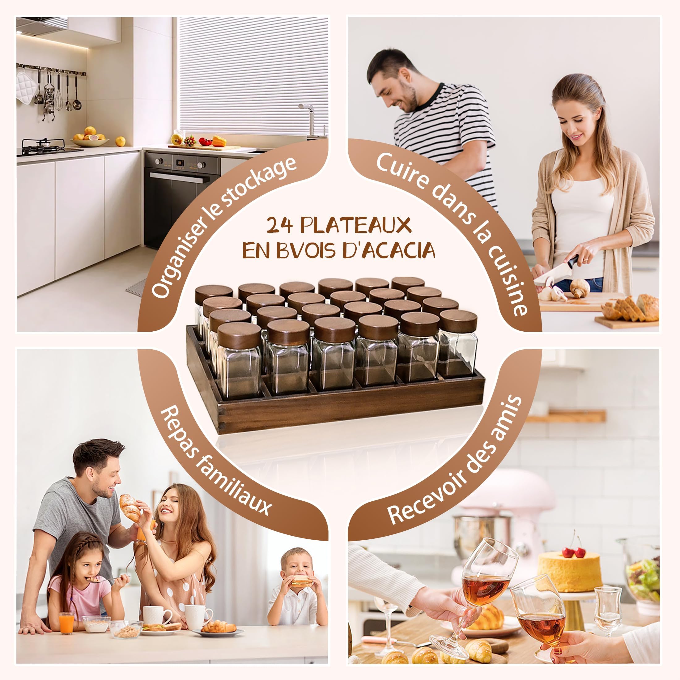 SAEIV Umweltfreundliches Akazien-Gewürzregal Holz mit 24 Fächern | 24 120ml-Gewürzgläser Drawer Organizer | Gewürzablag mit Gläsern 180 Deutsch Gewürzetiketten | Gewürzregal Stehend | Gewürz Organizer