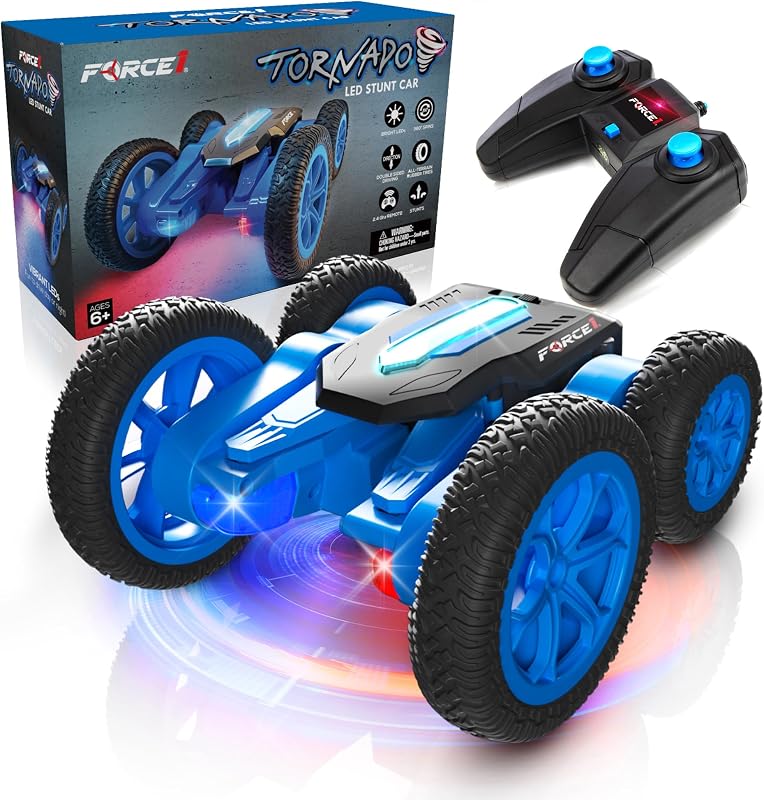 Force1 Tornado auto de control remoto LED azul para niños - Conducción rápida de doble cara autos RC 360 giros, auto RC todoterreno 4WD para exteriores, Neumáticos todo terreno, Batería recargable RC Crawler, Control remoto de 2,4 GHz