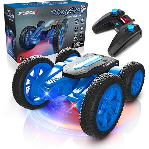 Force1 Tornado Blue LED Remote Control Car for Kids- Double Sided Driving Fast RC Cars 360 Flips, Outdoor 4WD Off Road Stunt RC Car, All Terrain Tires, RC Crawler Rechargeable Battery, 2.4GHz Remote