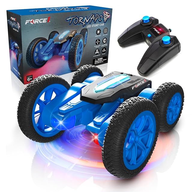 Force1 Tornado Blue LED Remote Control Car for Kids- Double Sided Driving Fast RC Cars 360 Flips Outdoor