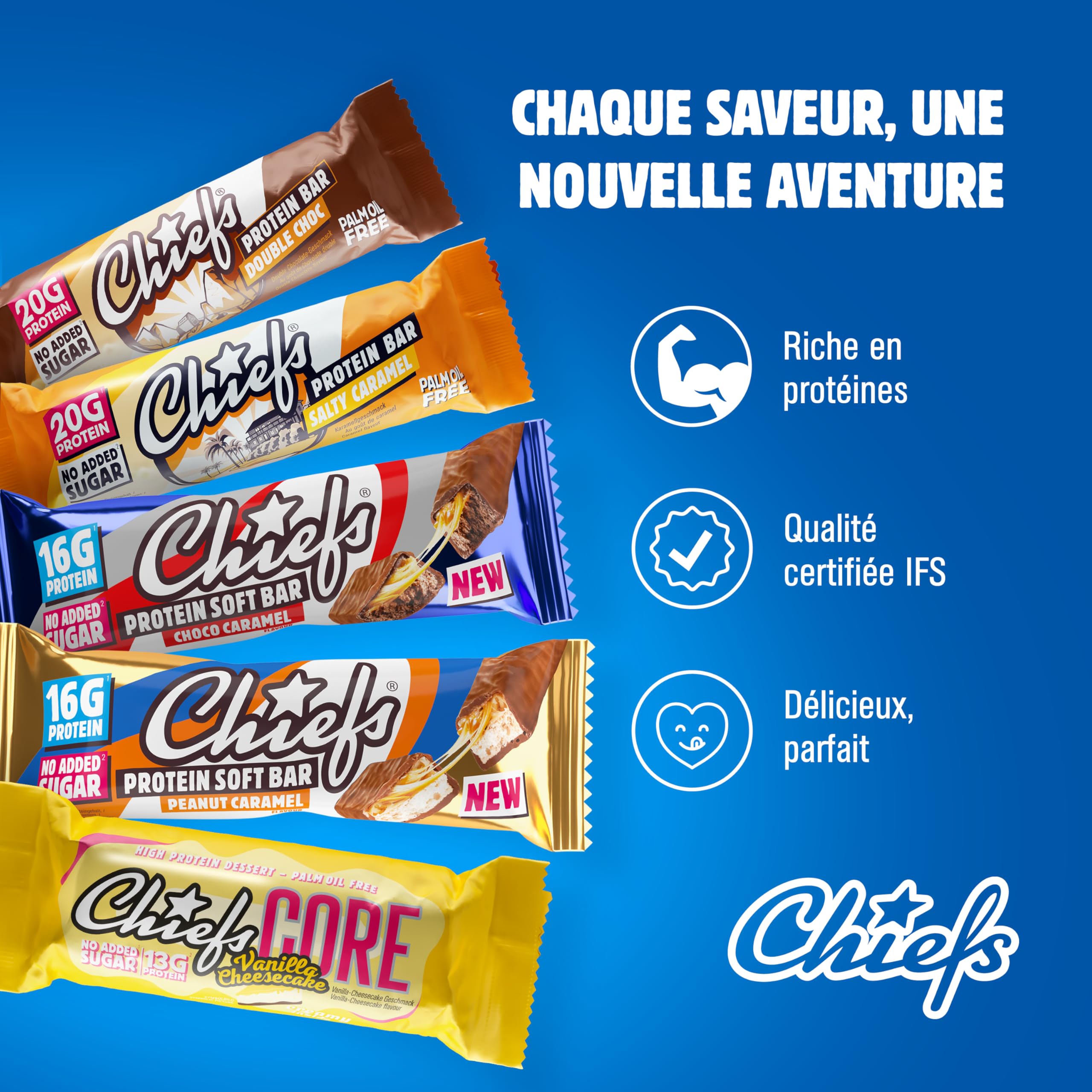 Chiefs Protein Core Bar (Peantu Butter) • Barre protéinée premium avec 13g de protéines & 163 kcal par barre • Sans sucre ajouté • Barre protéinée low sugar • Goût de Peanut • Pack de 12 (12 x 40g)
