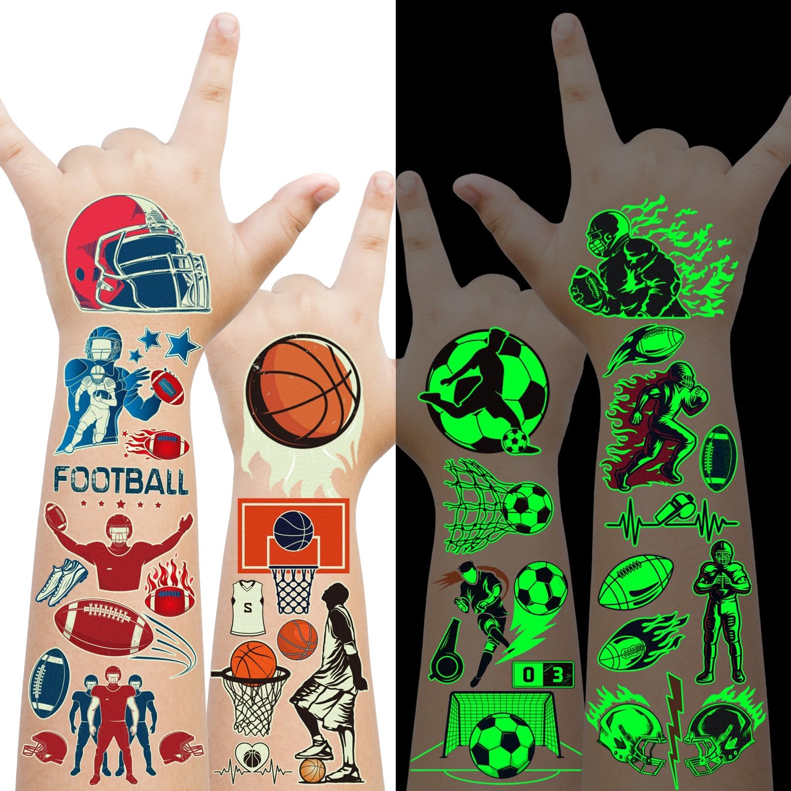 30 Sheets Glows Temporary Tattoos for Kids Sports Party Supplies