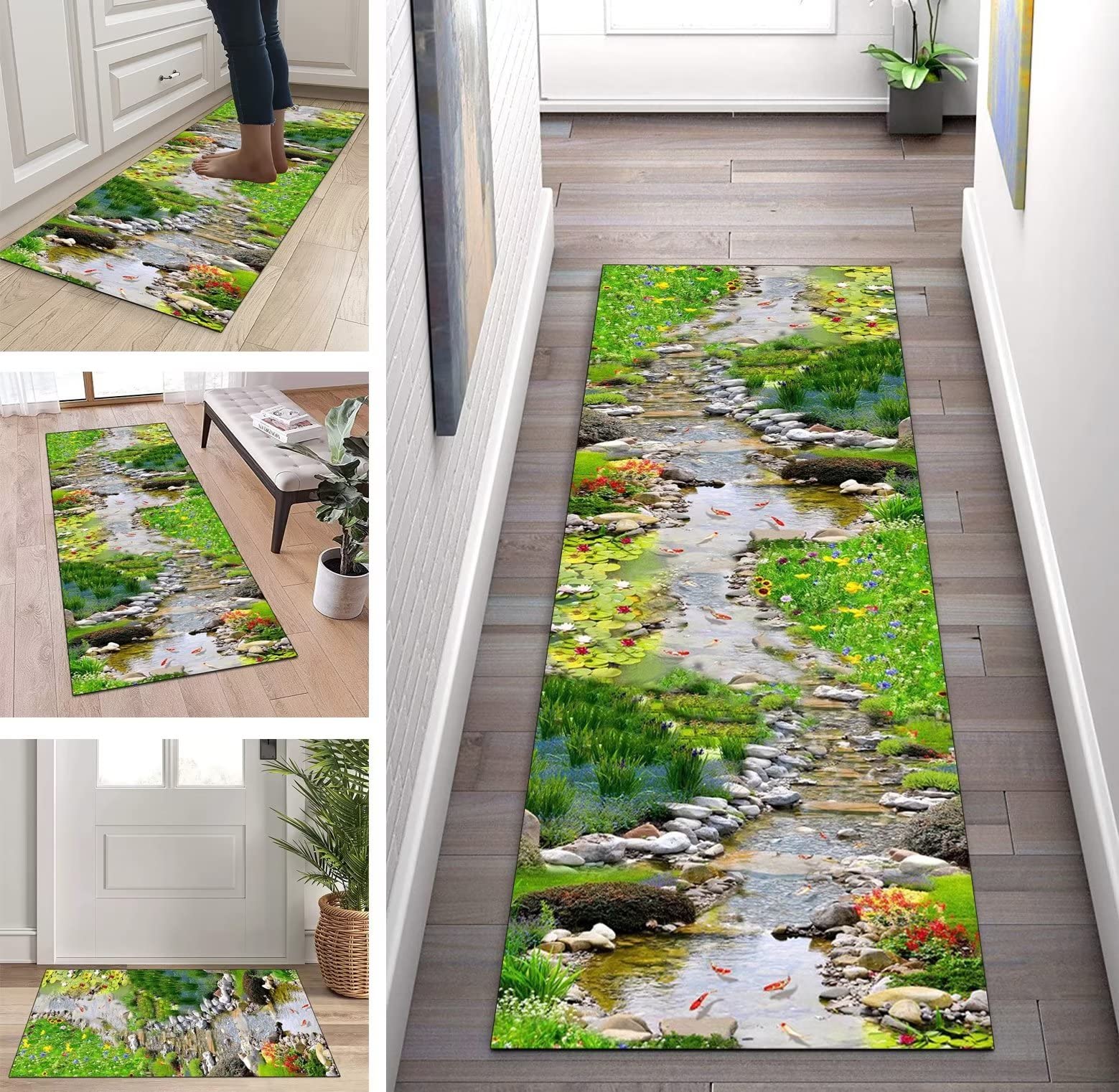ZUZEKU Keukenloper wasbaar, antislip, 3D, groen, 100 x 120 cm, gang, tapijtloper, keukentapijt, slaapkamer, eetkamer, polyester, per meter aanpasbaar