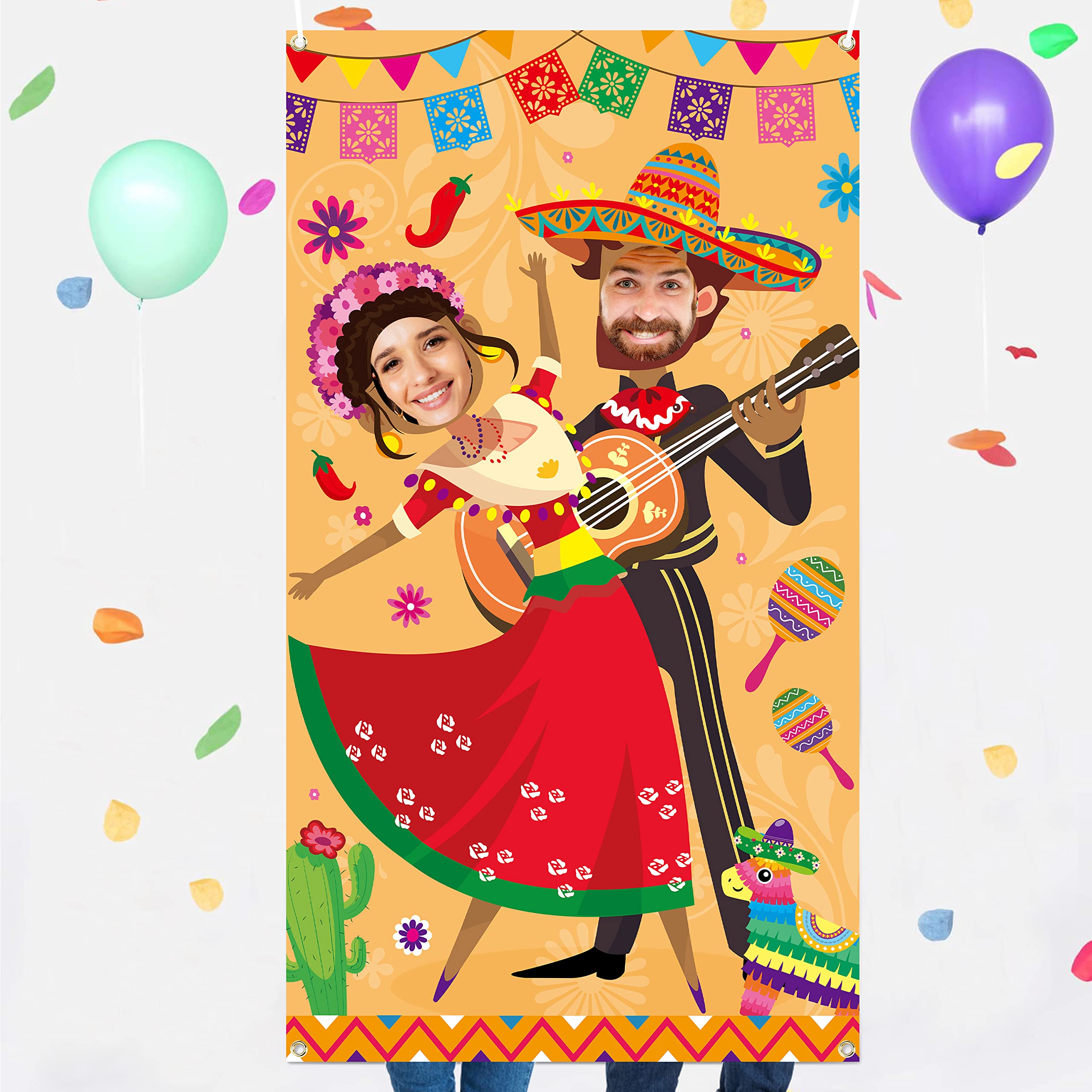 Xqumoi Fiesta Photo Door Banner Party Decorations, Funny Large Fabric Mexican Cinco De Mayo Photo Prop Face Birthday Party Game Carnival Supplies for