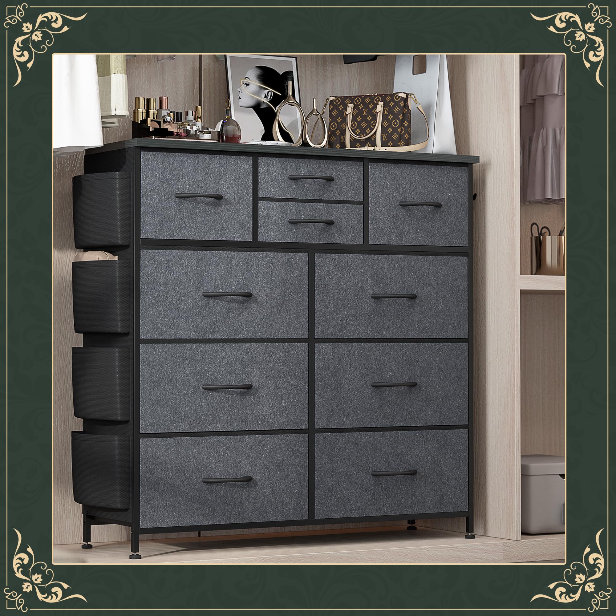 Kommode mit 10 Stoffschubladen, Komodenschrank mit Seitentaschen und Haken, Holzplatte und Metallrahmen, Stoffkommode für Schlafzimmer, Wohnzimmer, Flur, Kinderzimmer (Dunkelgrau)