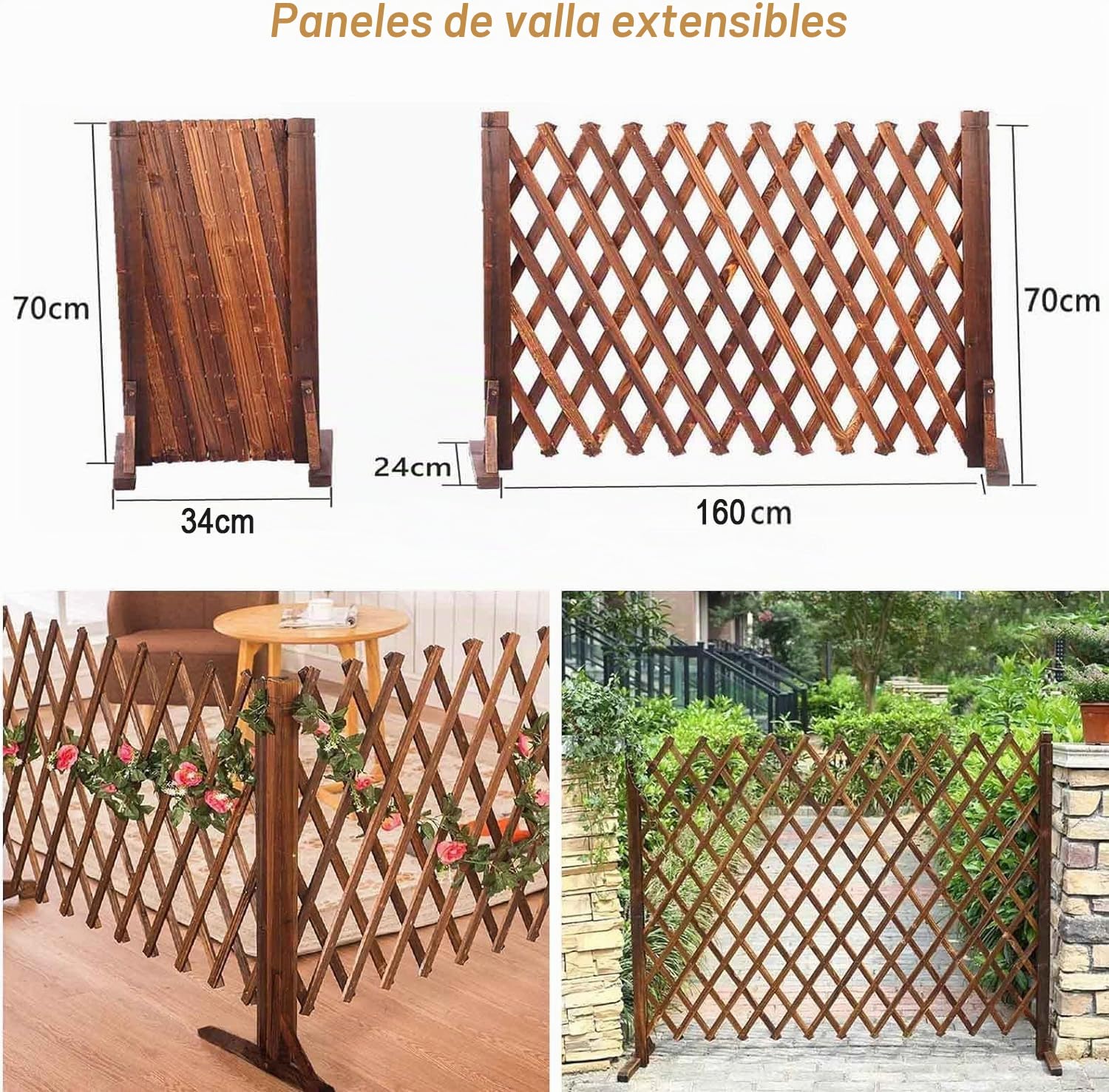 Nisorpa Par de paneles de valla expandibles, valla de enrejado de madera, valla de madera expandible, pantalla de jardín independiente, valla para perros y mascotas, para patio, césped, 34-160 cm