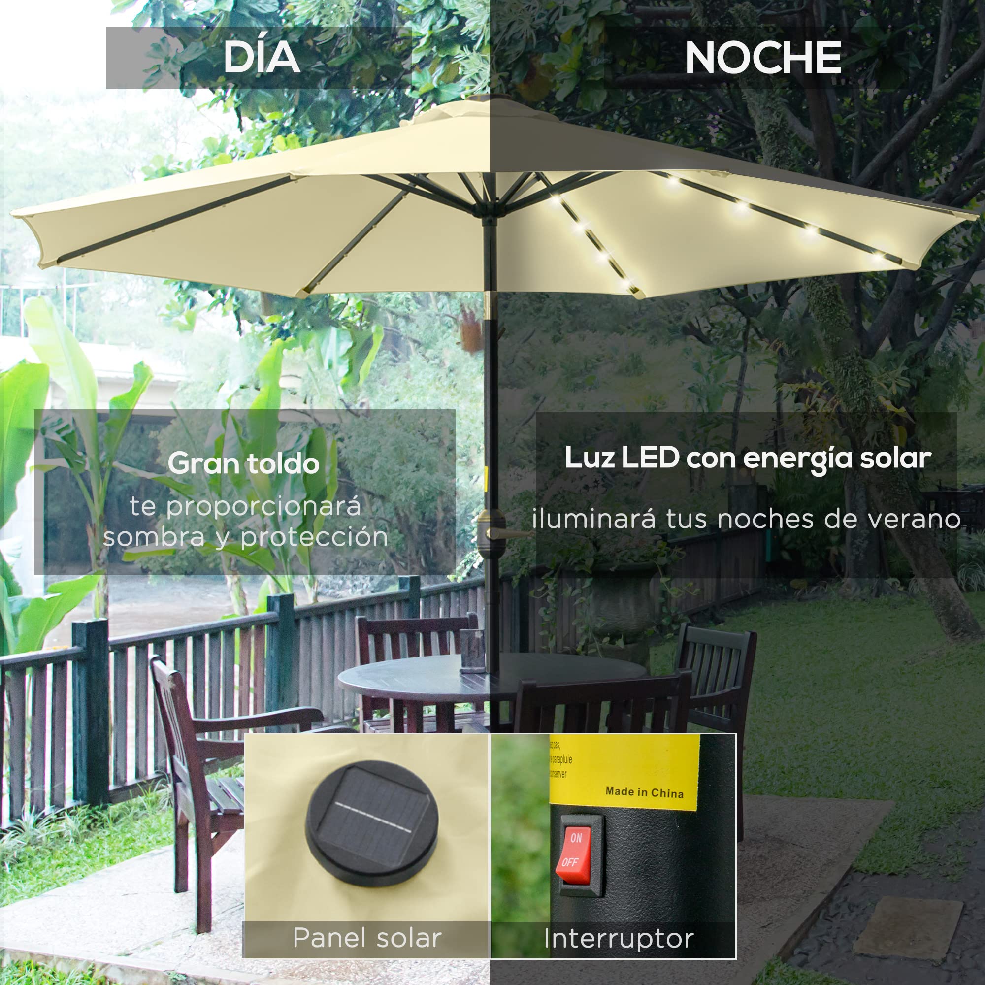 Outsunny Sombrilla Terraza Exterior Ø265 cm con 32 Luces LED Solares Beige | Sombrilla de Jardín, Poste de Acero, Manivela de Parasol Inclinable, para Patio, Terraza