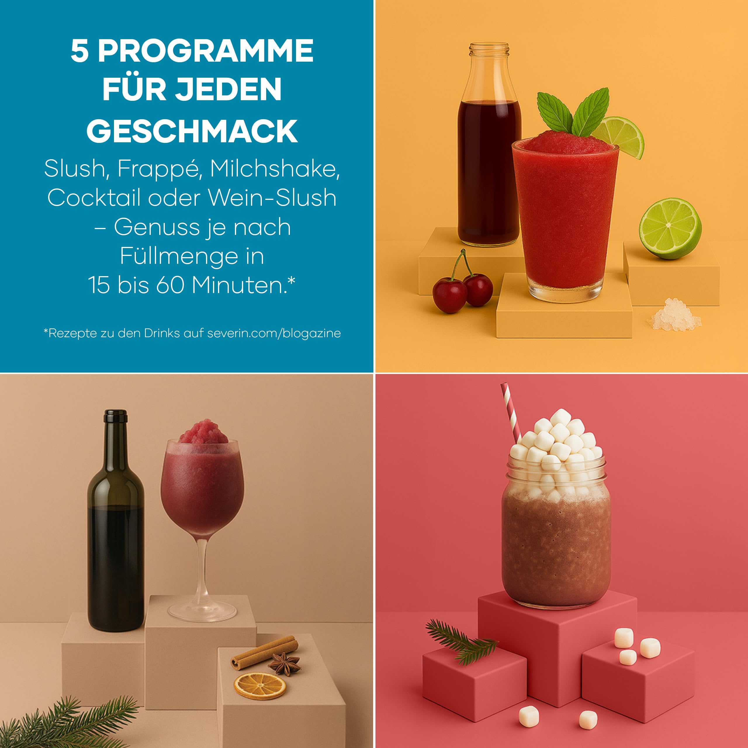 Severin Slush-Eis-Maschine für zu Hause, Eis-Cocktails, Frappé, Milchshakes, 15 min Technologie, Ice-Maker, 5 Programme, ohne Eis, automatische Reinigung, 2L, S-Slush, schwarz, silber, EZ 7410