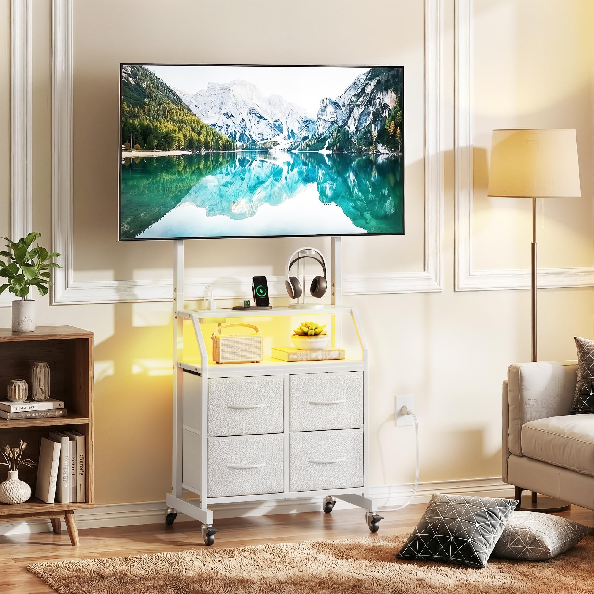 Support TV sur Pied avec roulettes 32-75 Pouces Meuble TV roulettes | Support TV sur roulettes avec LED et Prises Intégrées, Réglable en Hauteur avec 4 Tiroirs, Max VESA 600x400 mm, Blanc