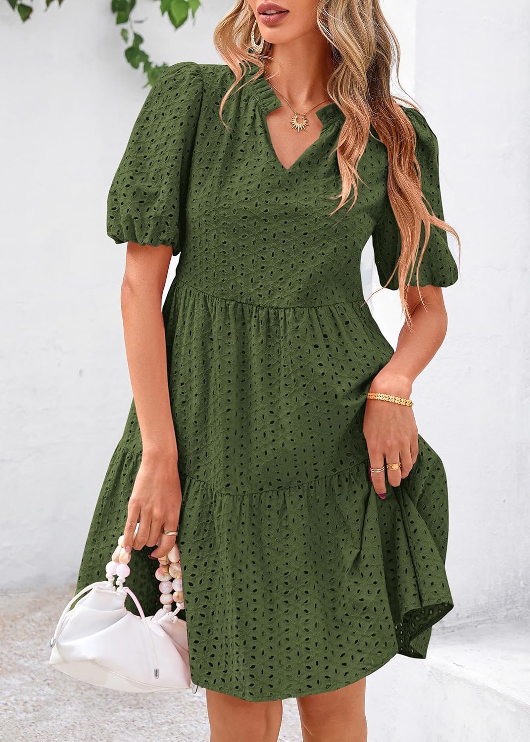 KIRUNDO Eyelet Summer Dresses for Women 2026 Mini Casual Hollow Out Short Sleeve Lace Tiered V Neck Shift Dress Pockets - Image 8