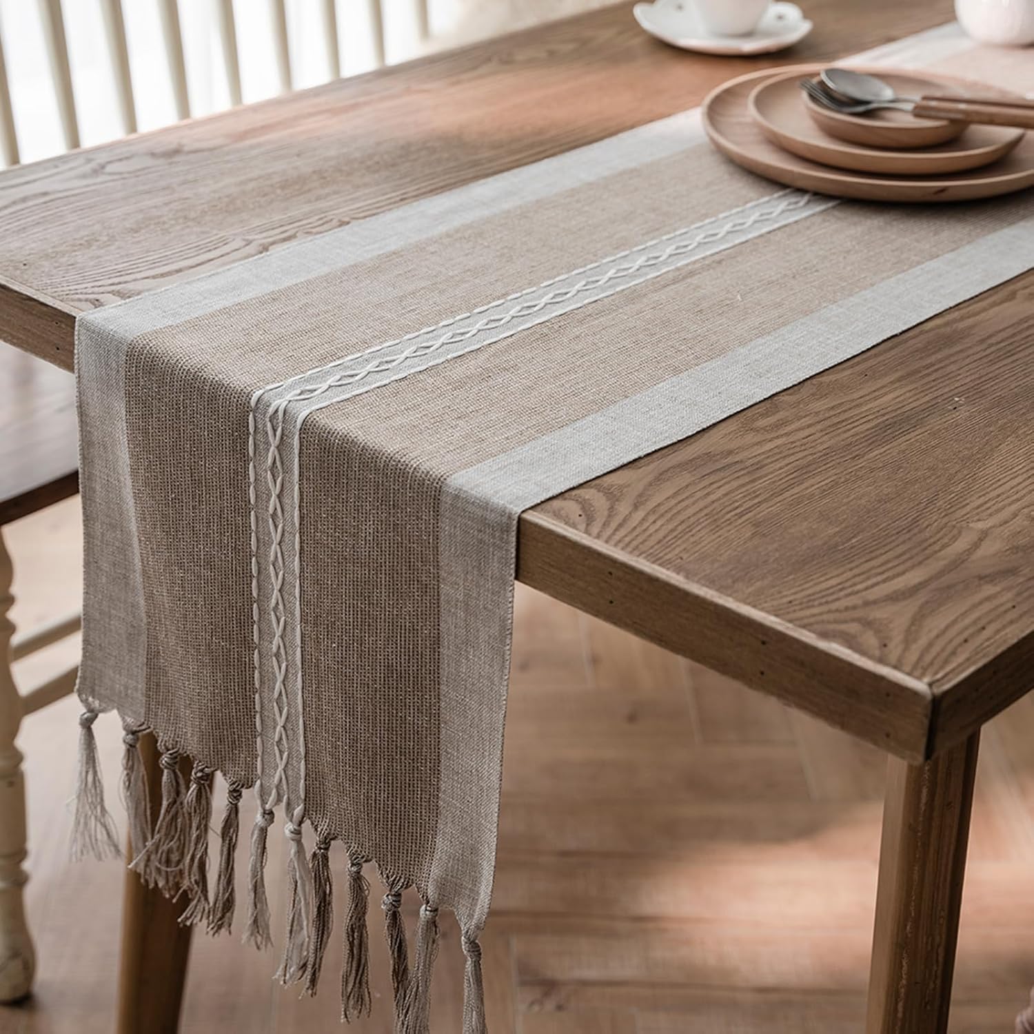 Niviy Farmhouse Table Runner, Embroidered Striped Braided Coffee Boho Table Runner, Cotton Linen Farmhouse Table Decoration for Holiday Party 12 x 132 Inches