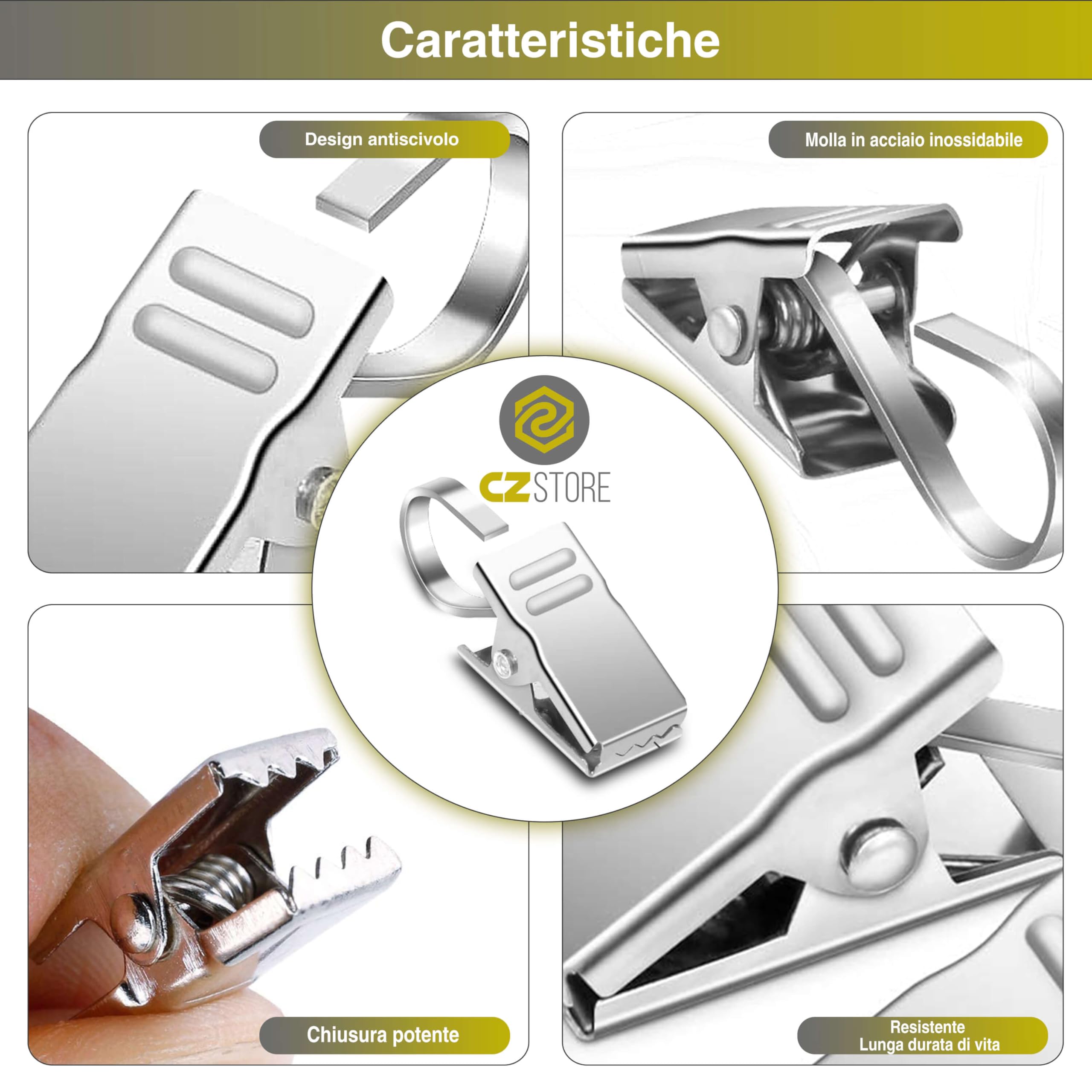 Clip per Tende con Gancio -✮GARANZIA A VITA✮- Confezione da 12 Clip a Molla - Ganci per Tenda Doccia - Mollette in Acciaio Inox per Tendaggi e Decorazioni da Parete, Superficie Liscia