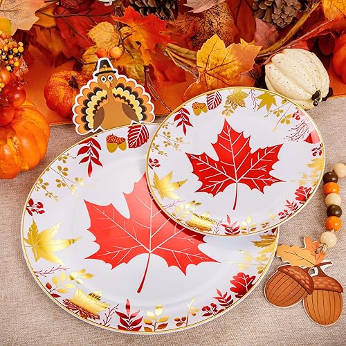 Miniatura 3 de KIRE 60 platos de plástico para Acción de Gracias, platos desechables con hojas de arce que incluyen 30 platos llanos de Acción de Gracias y 30