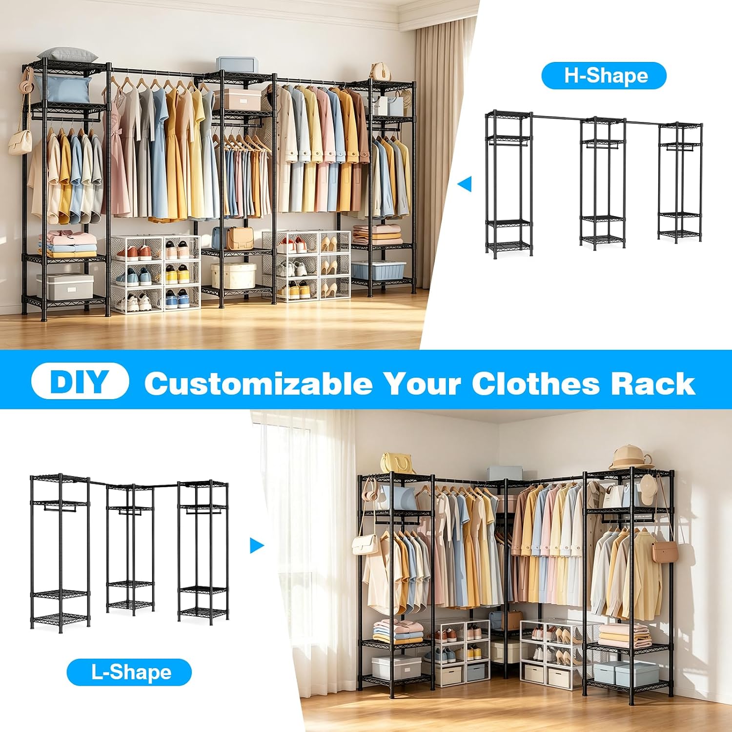 VTRIN Heavy Duty Clothes Rack, Portable Garment Rack with Adjustable Shelves & Expandable Hanger Rods, Freestanding Closet Organizer with Hooks, 92.2-127.6" W x 15.7" D x 75.4" H, Black