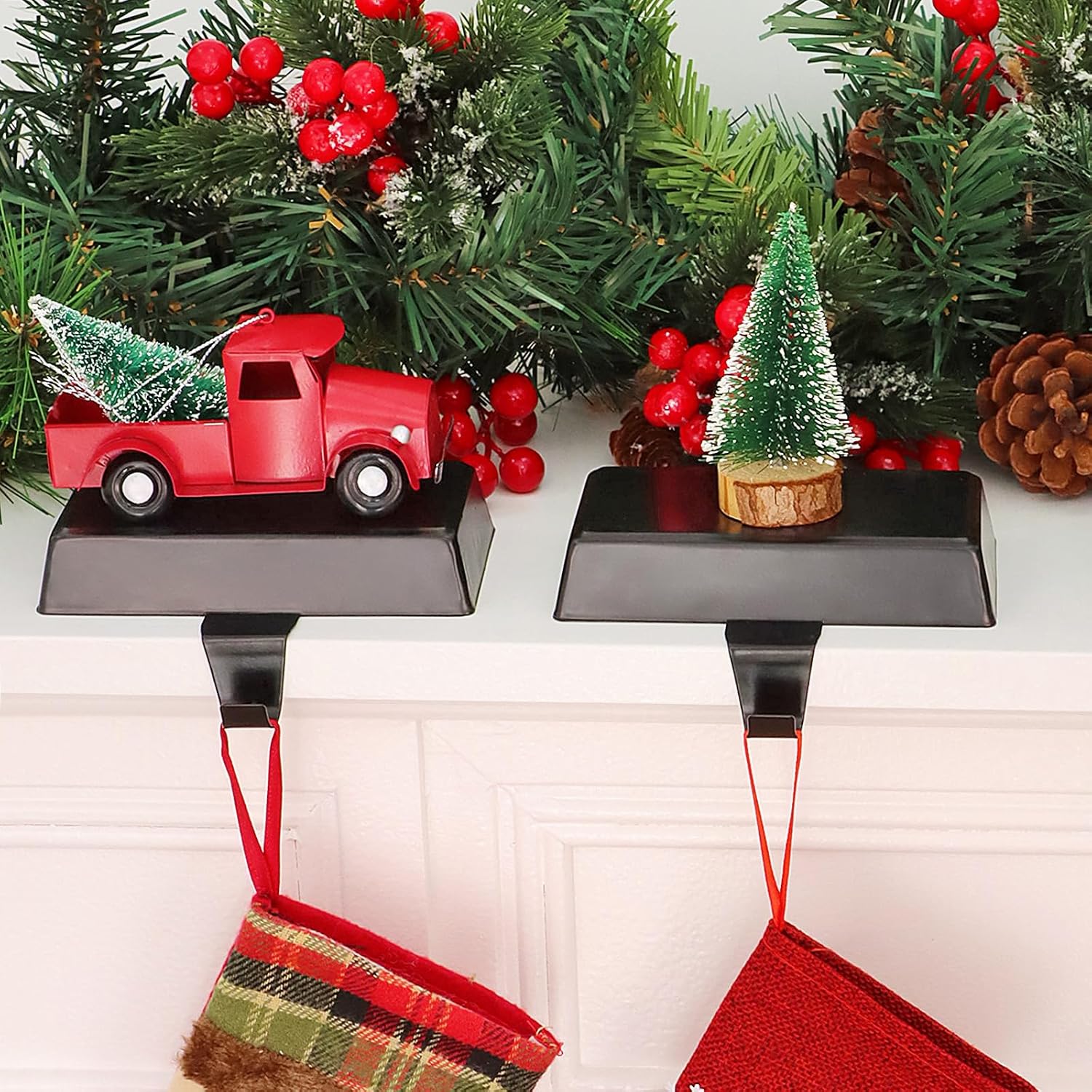 Hooqict 2 Pack Black Christmas Stocking Holder for Mantel Metal Stocking Holders Heavy Duty Christmas Fireplace Garland Wreath Hangers Weighted Hanging Hooks for Christmas Holiday Decorations