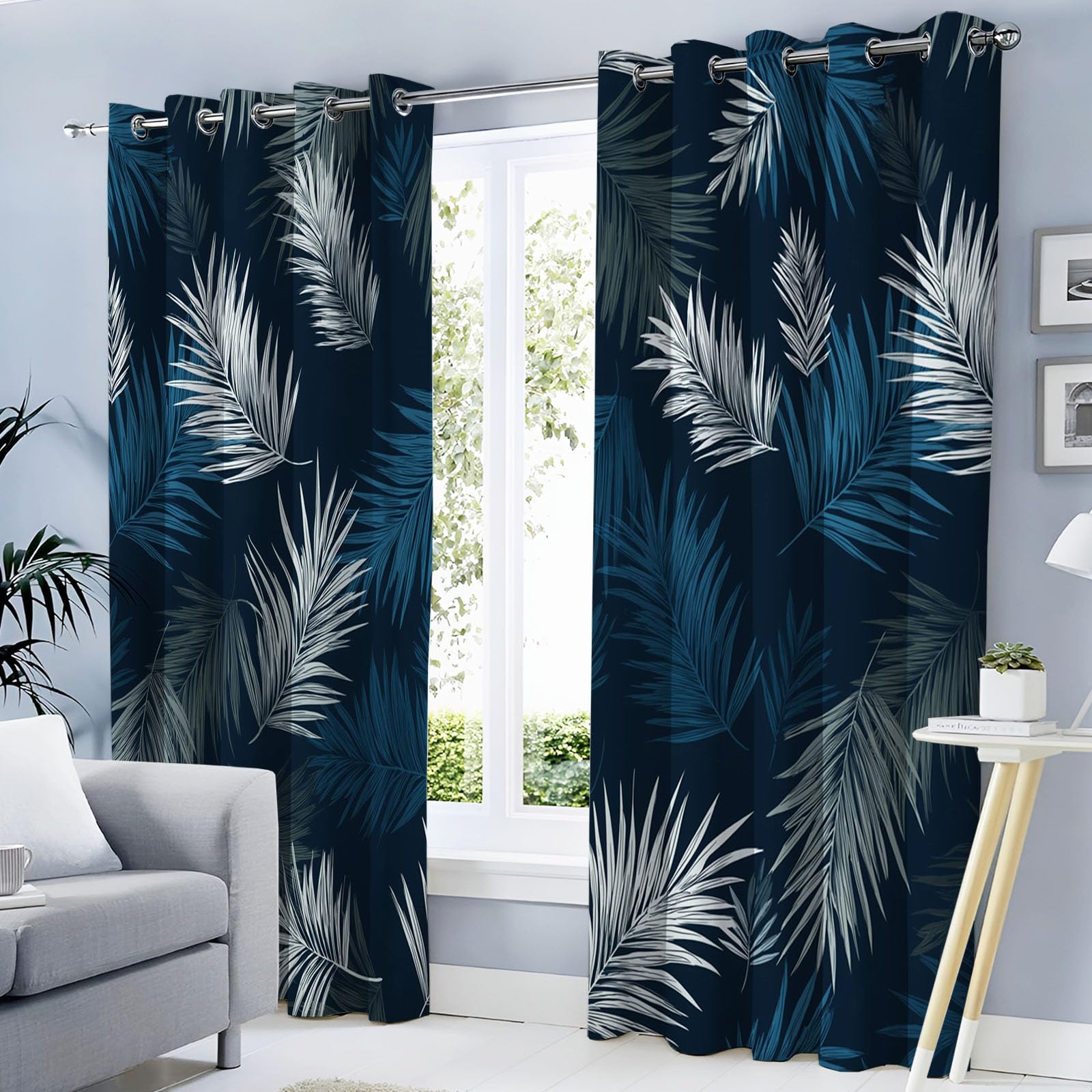 Cortinas Dormitorio Opacas Plantas Tropicales 2 Piezas 140An x 260Al cm Cortinas Térmicas Hojas De Palma Cortina Ventana Aislamiento Térmico Cortina Azul Oscuro con Ojales para Dormitorio, Salón