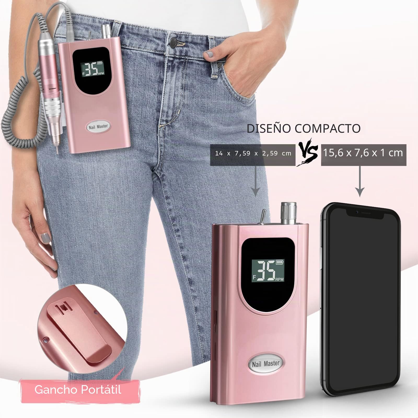 Torno para Uñas Profesional 35000RPM, AZ GOGO Pórtatil ＆ Recargable Torno Uñas Inalambrico para Manicura y Pedicura con 6 Brocas y Pantalla LCD, Lima Electrica para Gel o Acrilicas
