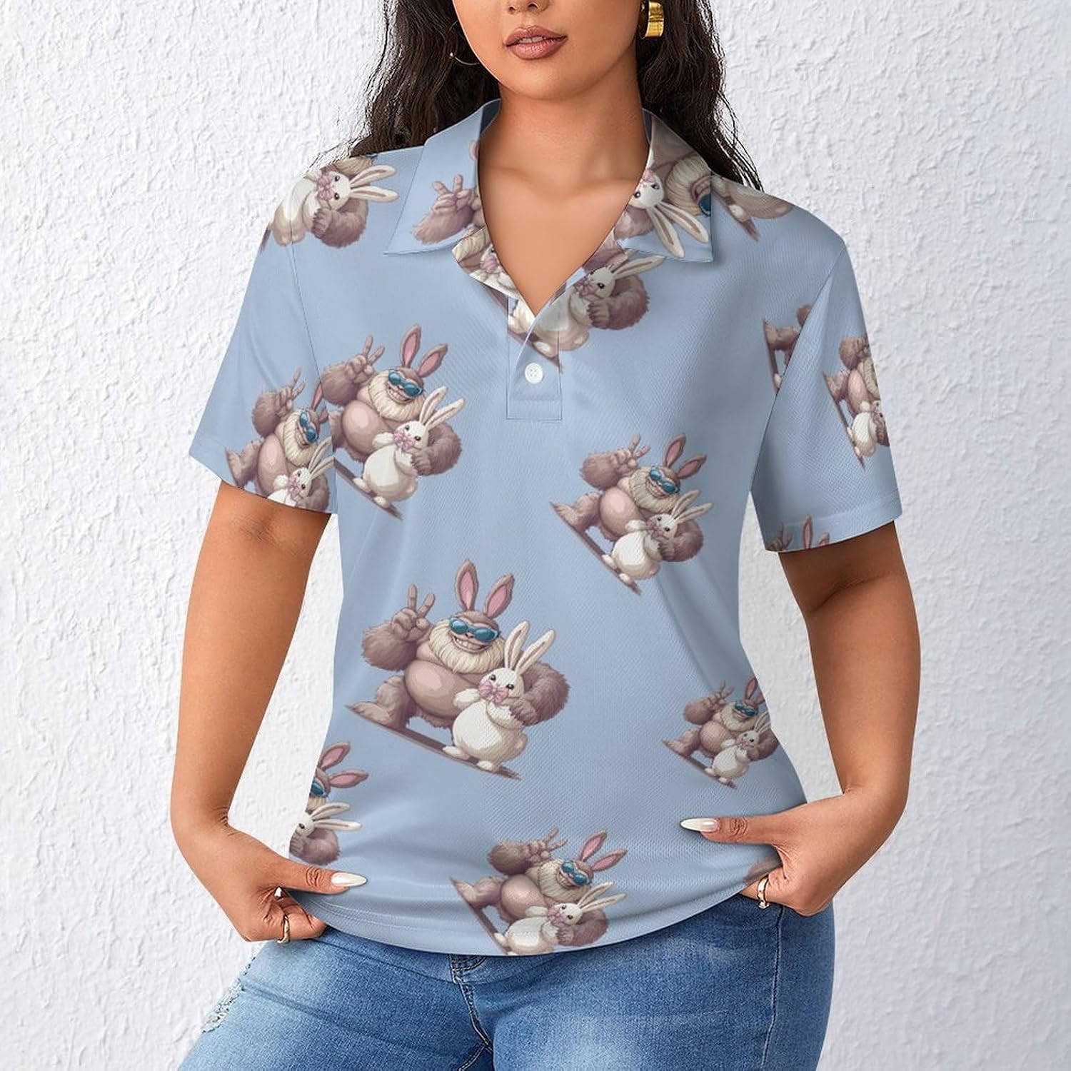 Bigfoot Bunny Easter Day Sasquatch Womens Golf Polo Shirts Summer Short Sleeve Collared 3 Buttons T Shirt Activewear Tops