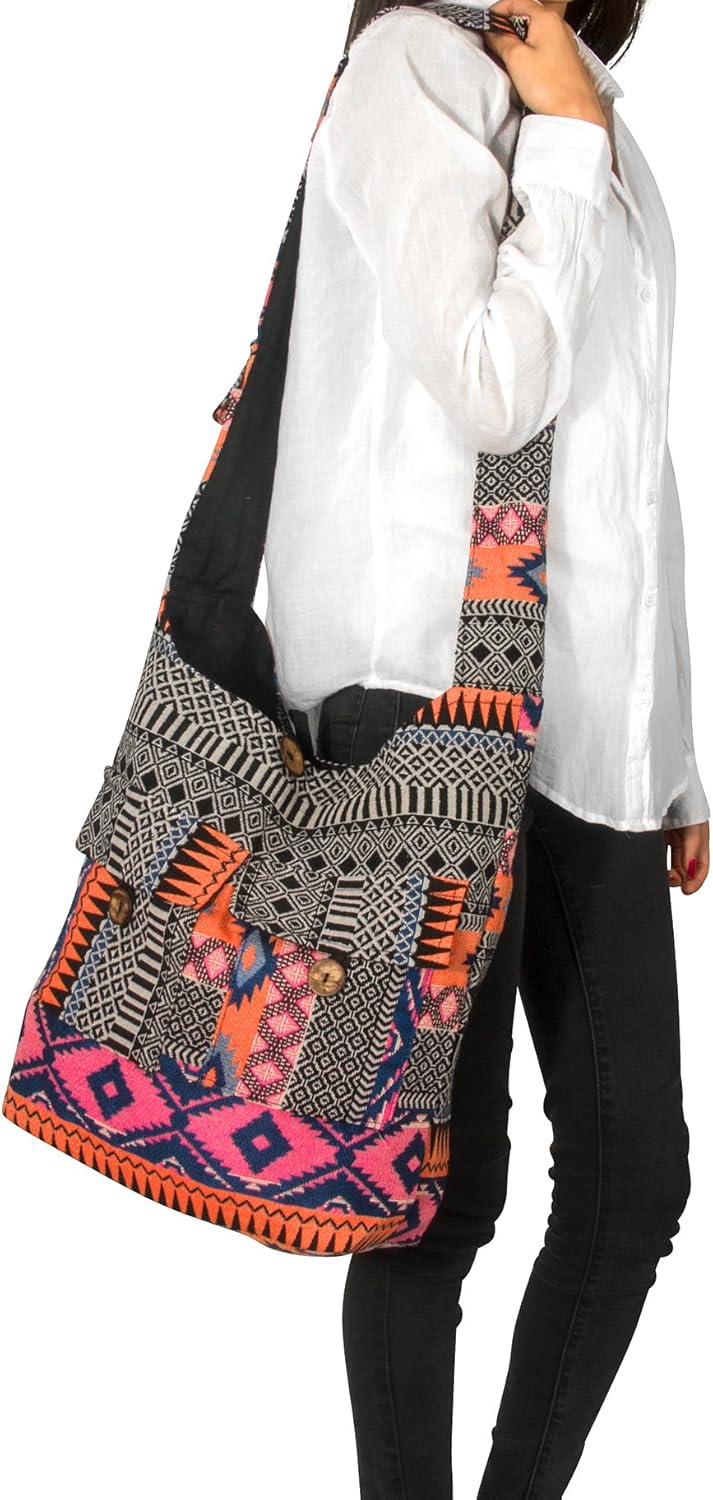 Tribe Azure Fair Trade Crossbody Handwoven Thick Cotton Shoulder Bag Shopping Market Purse Pink Casual Boho Roomy Spacious - Image 4