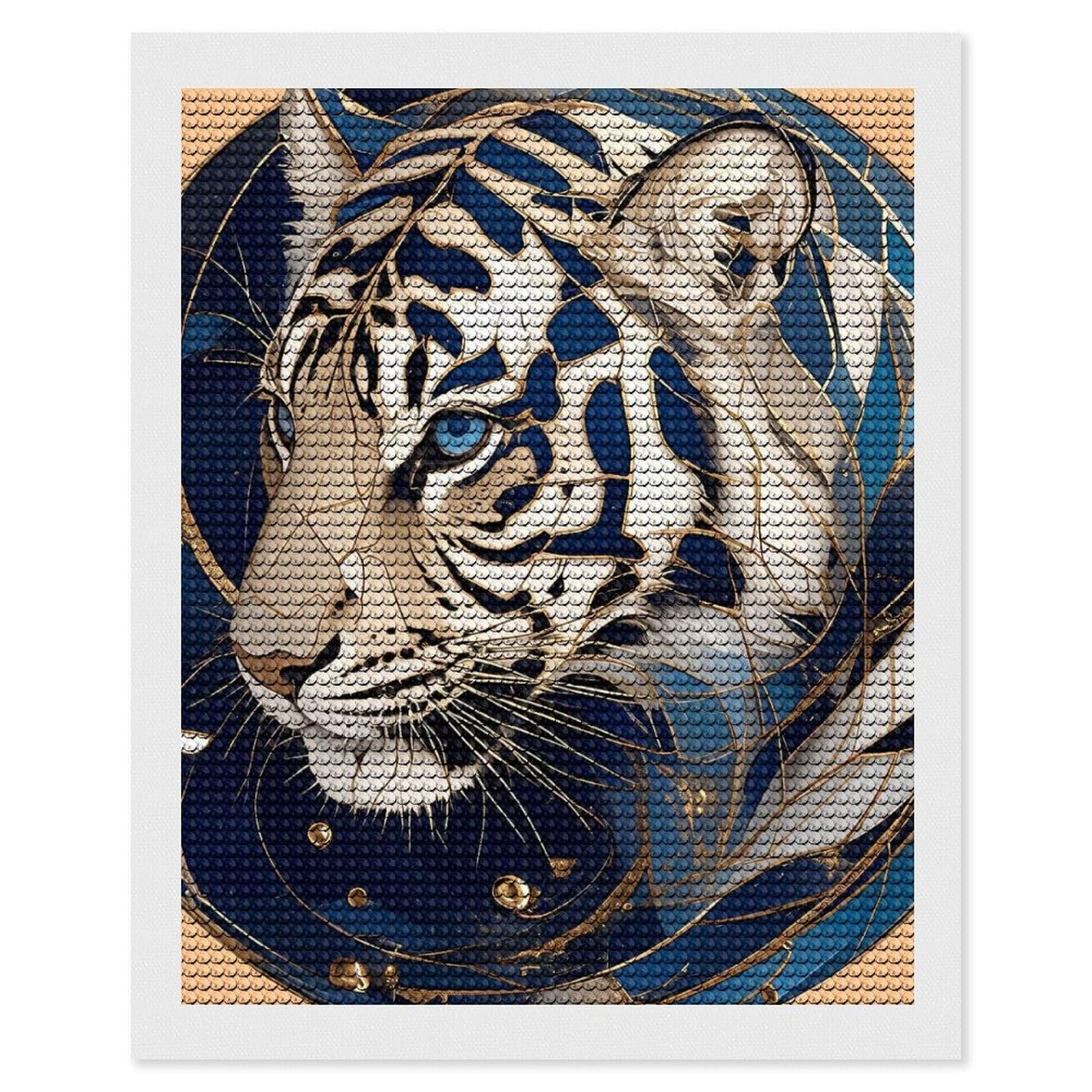 Junmoney Abstract White Tiger with Blue and Gold Accents Diamond Painting Canvas Kit 16"x20", Relaxing DIY, Modern Decor, Aesthetic Room Decor, Home Wall Art, Wall Art Gift