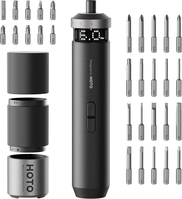 HOTO PixelDrive Elektrischer Schraubendreher Set, 30 Bits, USB-C | Akkuschrauber, Intelligente Anzeige, Drehmomentstufen (0,5–6 Nm), 1/4", ideal für Elektronik, Hausreparaturen