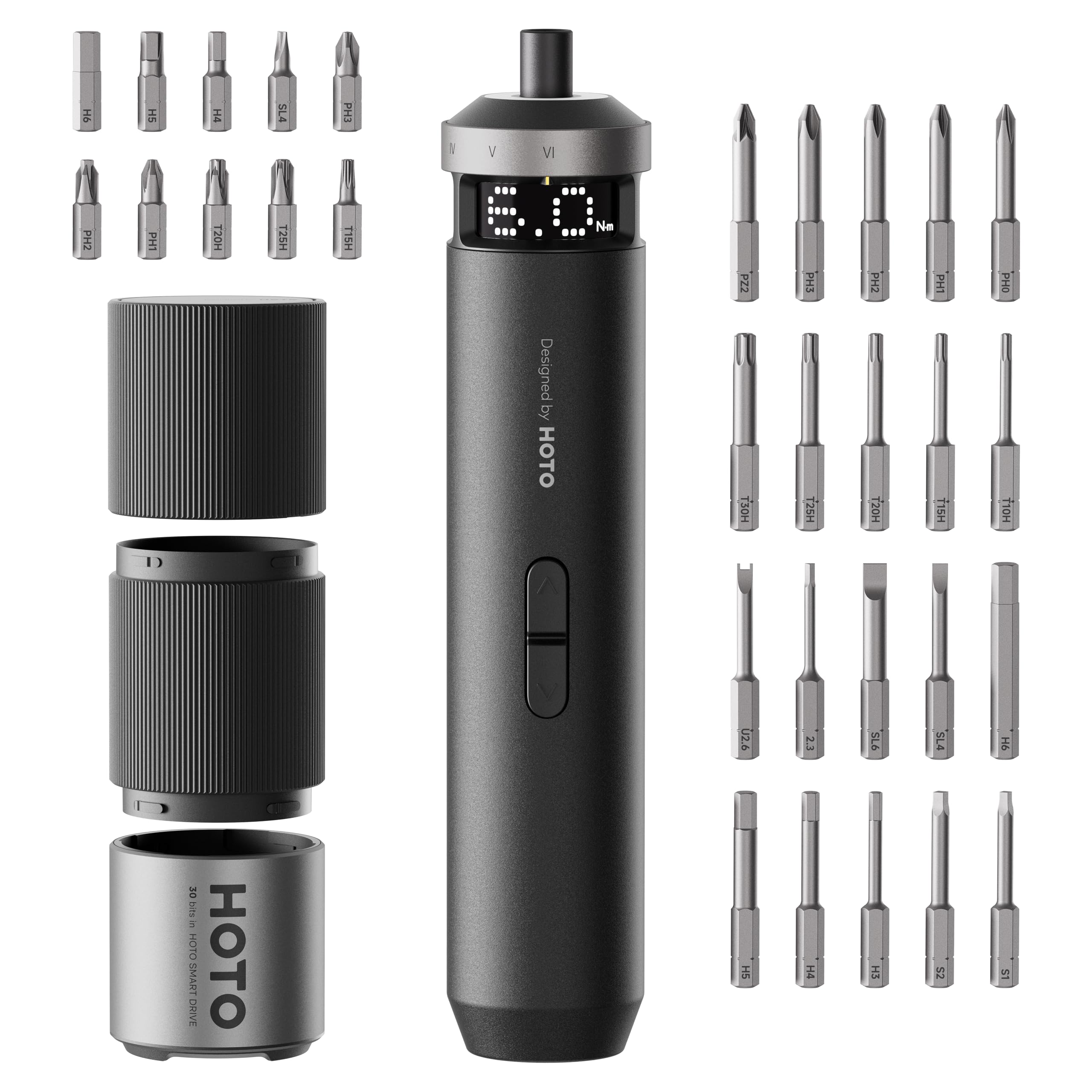 HOTO PixelDrive Elektrischer Schraubendreher Set mit Intelligente Anzeige, 6 Drehmomentstufen, 0,5 bis 6 N·m, 1/4 Hex 30-Bits-Set, USB-C Akkuschrauber, Elektroschrauber für Elektronik, Hausreparaturen
