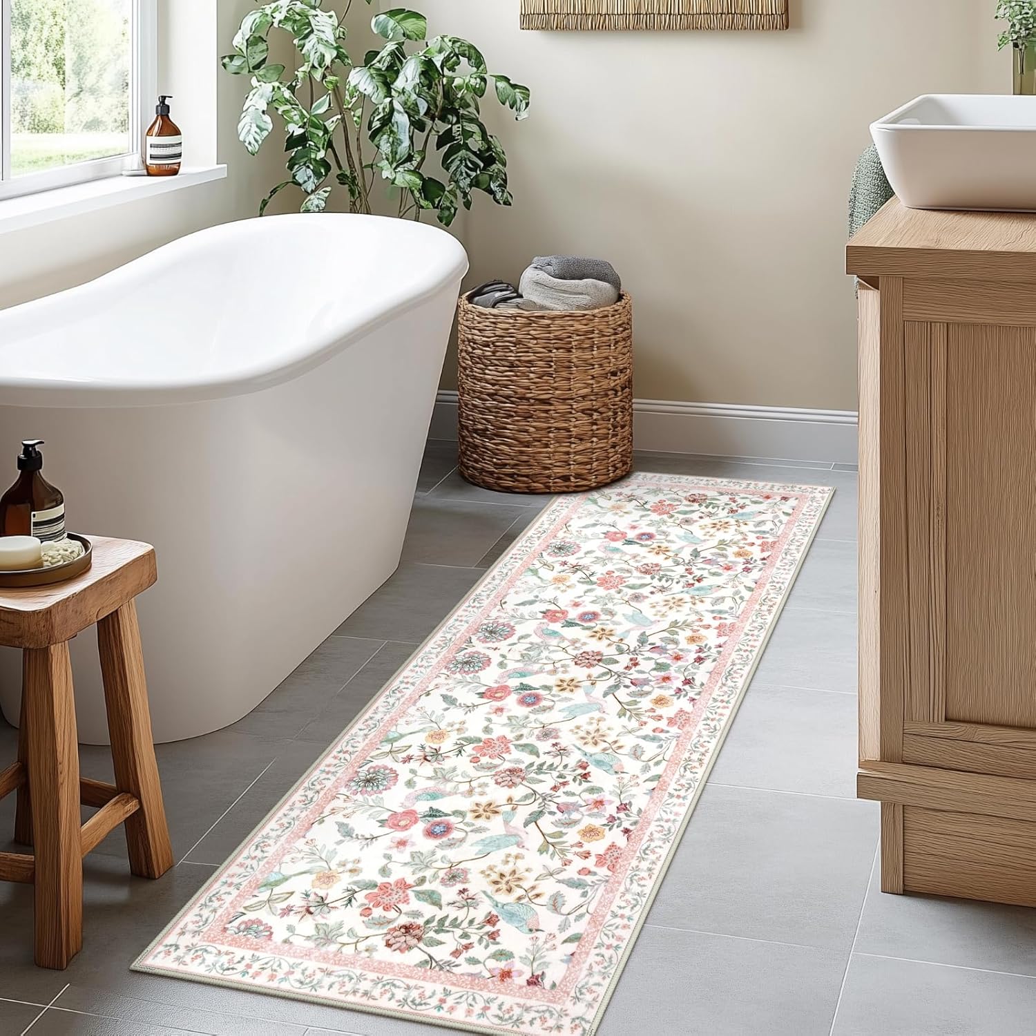 Rugalia Floral Washable Runner Rug, 2x6 Pink Rug Runners for Hallways Non-Slip, Soft Low Pile Flower Birds Long Bathroom Mat Botanical Throw Carpet for Kitchen Laundry Entryway Porch
