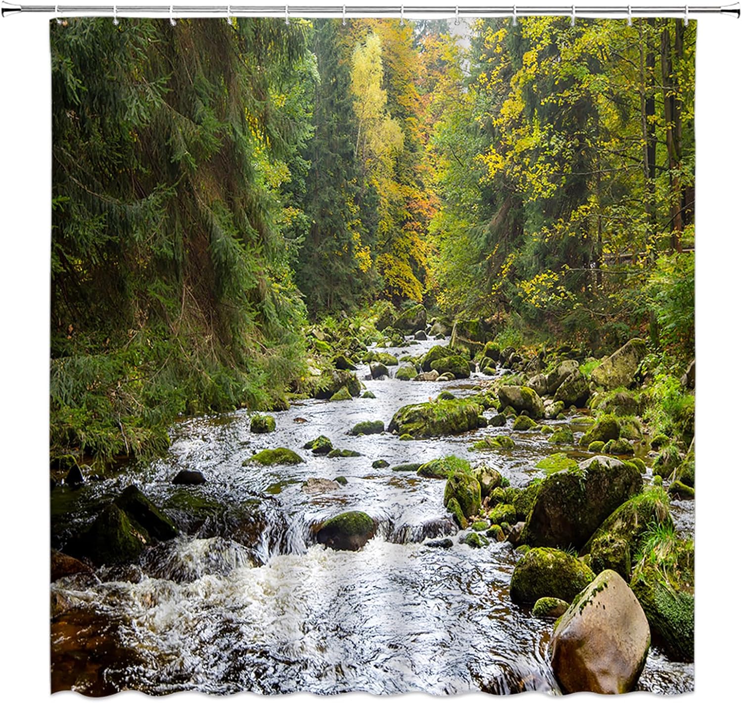 Mountain Shower Curtain Mountain Forest Stream Pines Trees Nature Landscape Scenery Outdoor Theme Fabric Bathroom Decor with Hooks(70" Wx74.8 H)