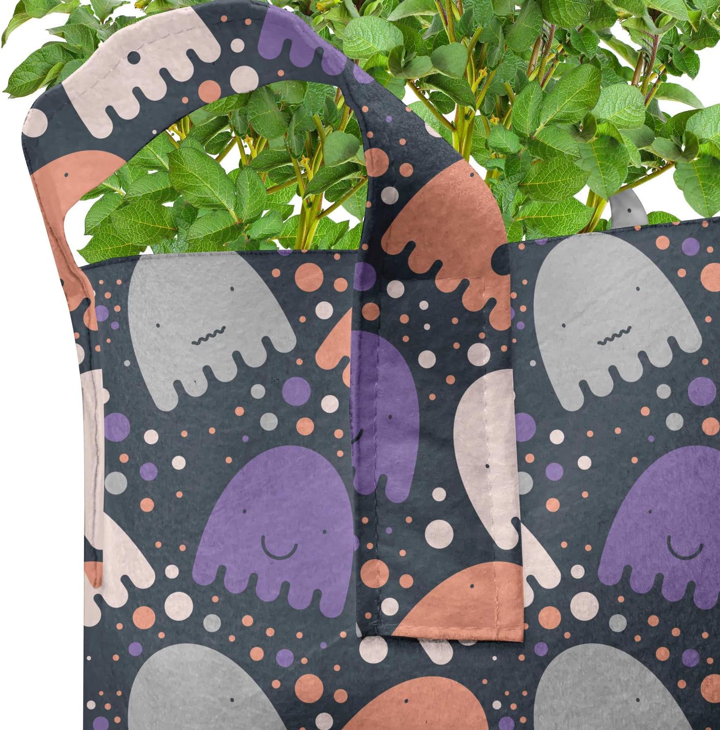 Ambesonne Ghost Grow Bags 5-Pack, Spooky and Funny Dots, Heavyduty Fabric Pots with Handles for Plants, 7 Gallon, Multicolor