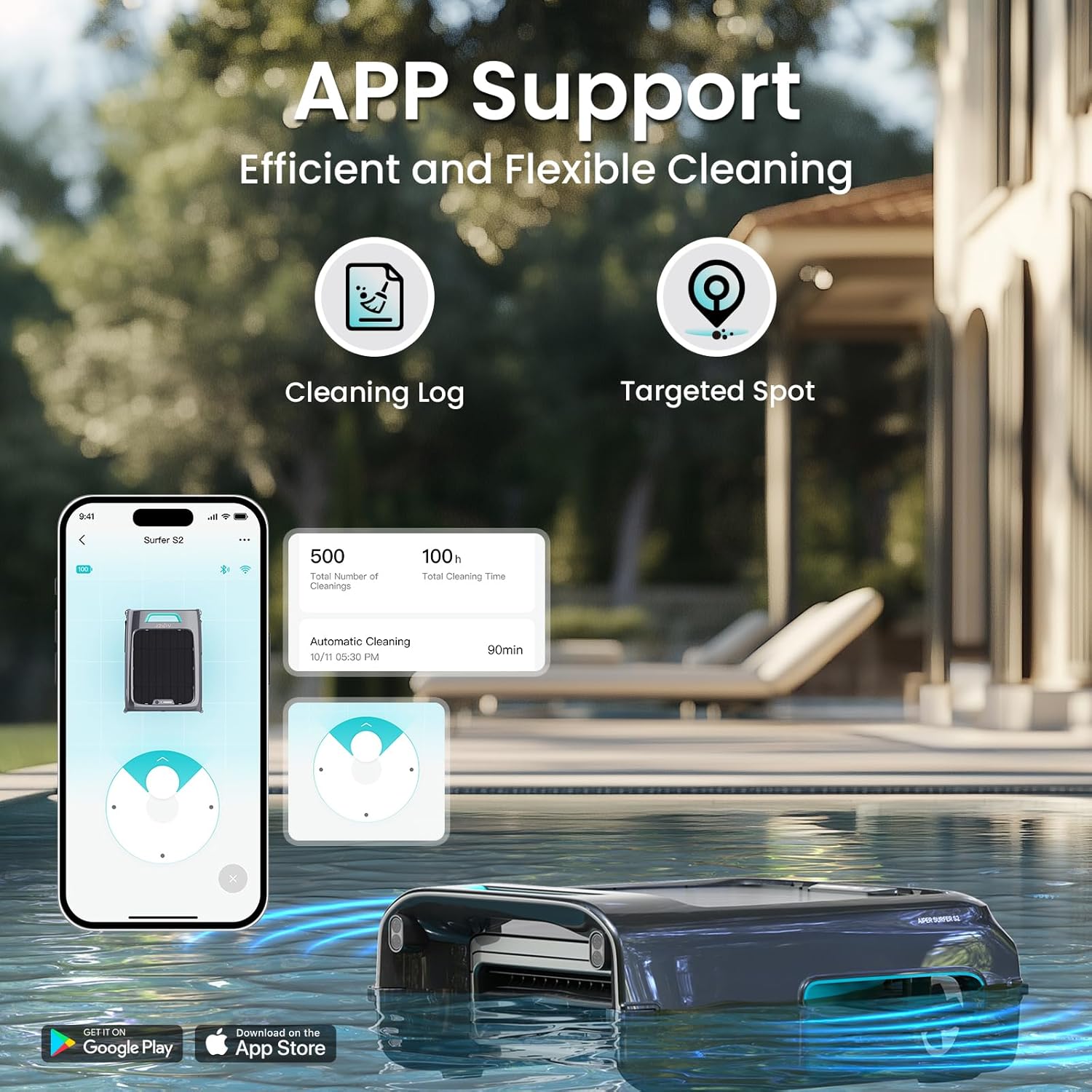 AIPER EcoSurfer S2 Solar Powered Pool Surface Skimmer Robot with APP Support, 24/7 Continuous Cleaning, Dual Charging Modes, Smart Obstacle Avoidance, 150-um Filtration, OTA Upgrade, Blue thumbnail