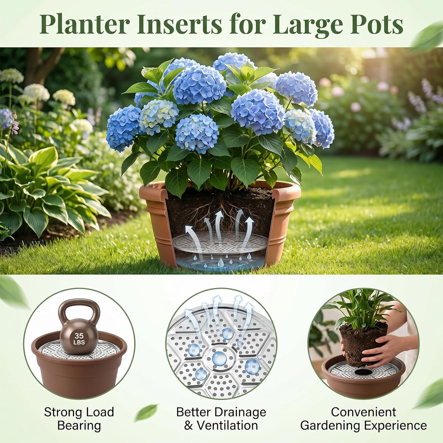 3PCS Round Planter Inserts, 9.45 Inch Stainless Steel Plant Risers with Drainage Holes, Flower Pot Lift Insert Portable Planter Accessories, Circular Plant Risers for Tall or Short Planters image 5