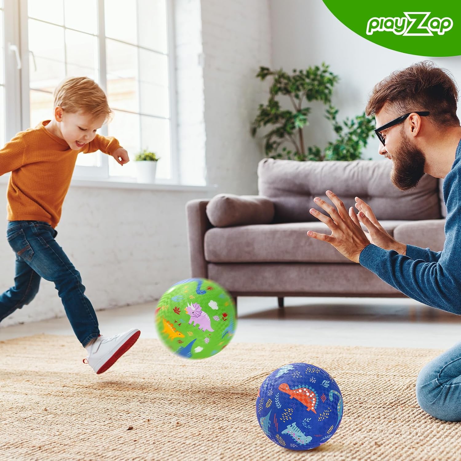 PlayZap 2 Pack Playground Balls for Toddlers, Dinosaur Kickballs for Kids 3-12, 8.5" Rubber Bouncy Balls with Pump, Indoor & Outdoor Dodgeball Toys for Boys & Girls Gifts