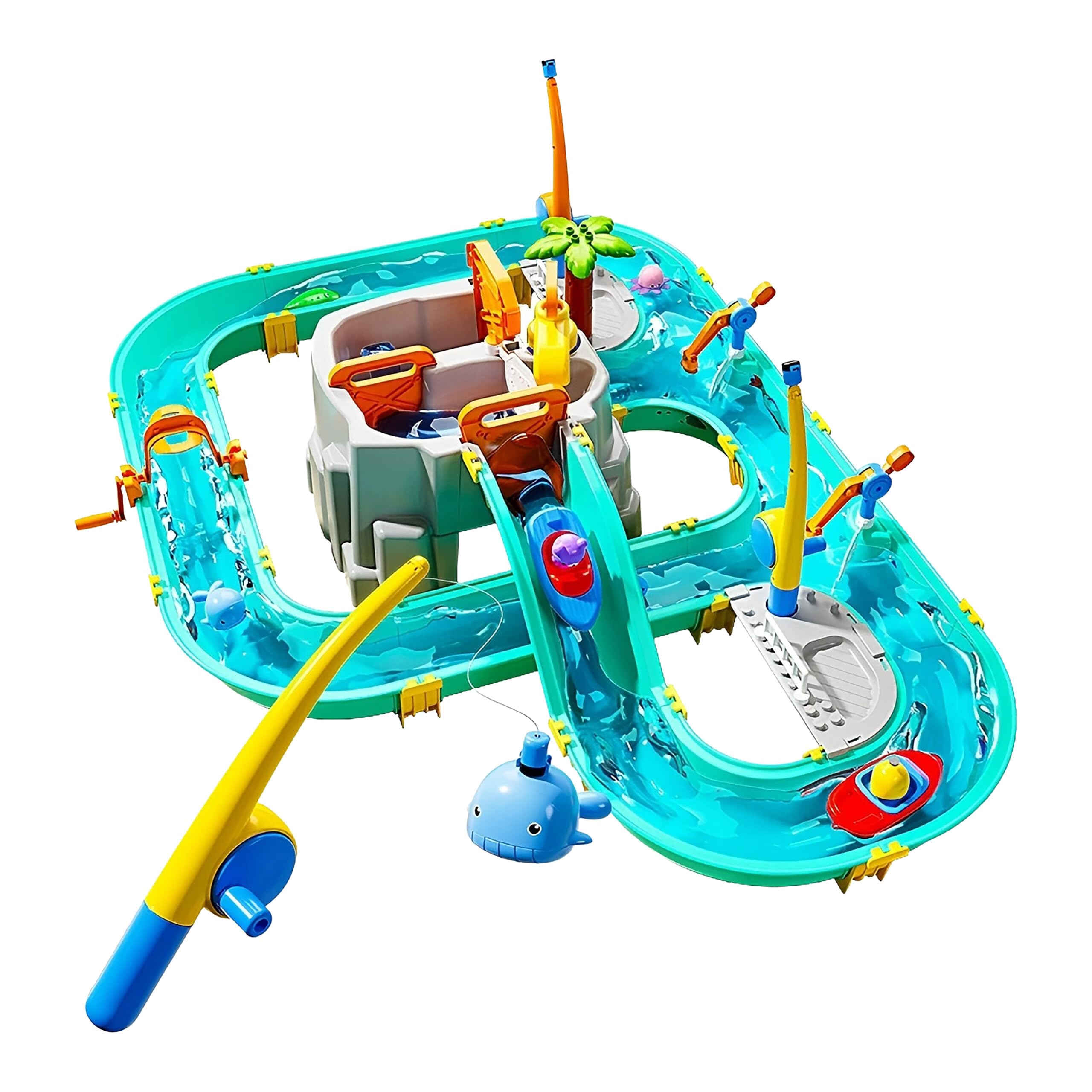 Relaxdays Wasserbahn Kinder, HBT: 71x71x101 cm, Outdoor, Wasserspielbahn, Boote & Angel, Wasserstraße, Kunststoff, bunt