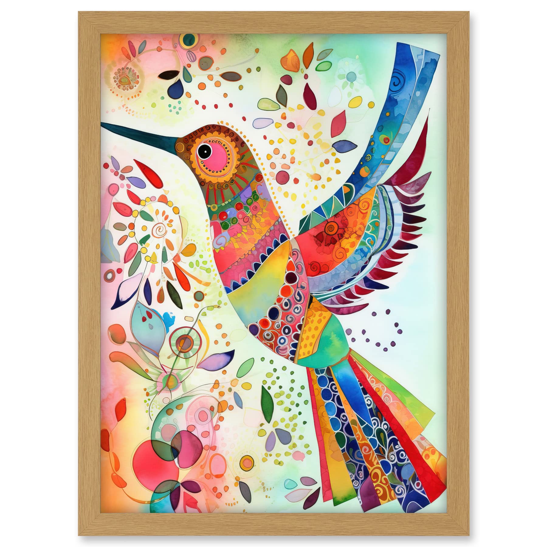 Artery8 Hummingbird With Multicolour Pattern Feathers Folk Art Watercolour Painting Artwork Framed A3 Wall Art Print