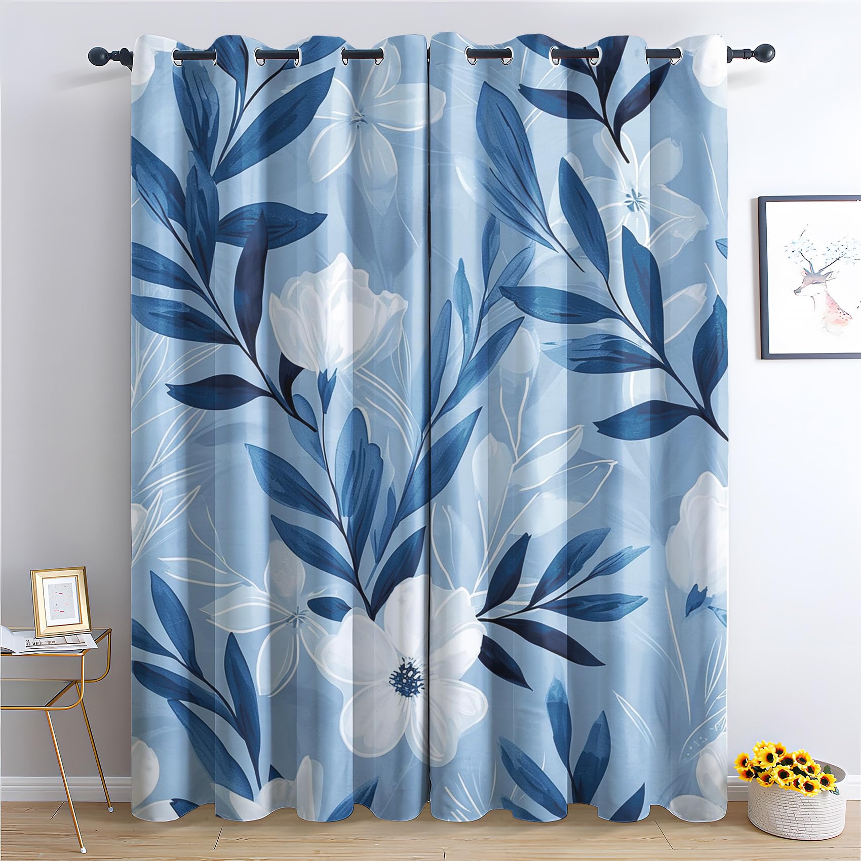 Leaf Curtains for Bedroom Living Room - Blue Leaves Floral Botanical Blackout Curtains 90x108 Inch (Width x Drop), Thermal Insulated Eyelet Curtains & Drapes, Patterned Window Treatments Q-#264