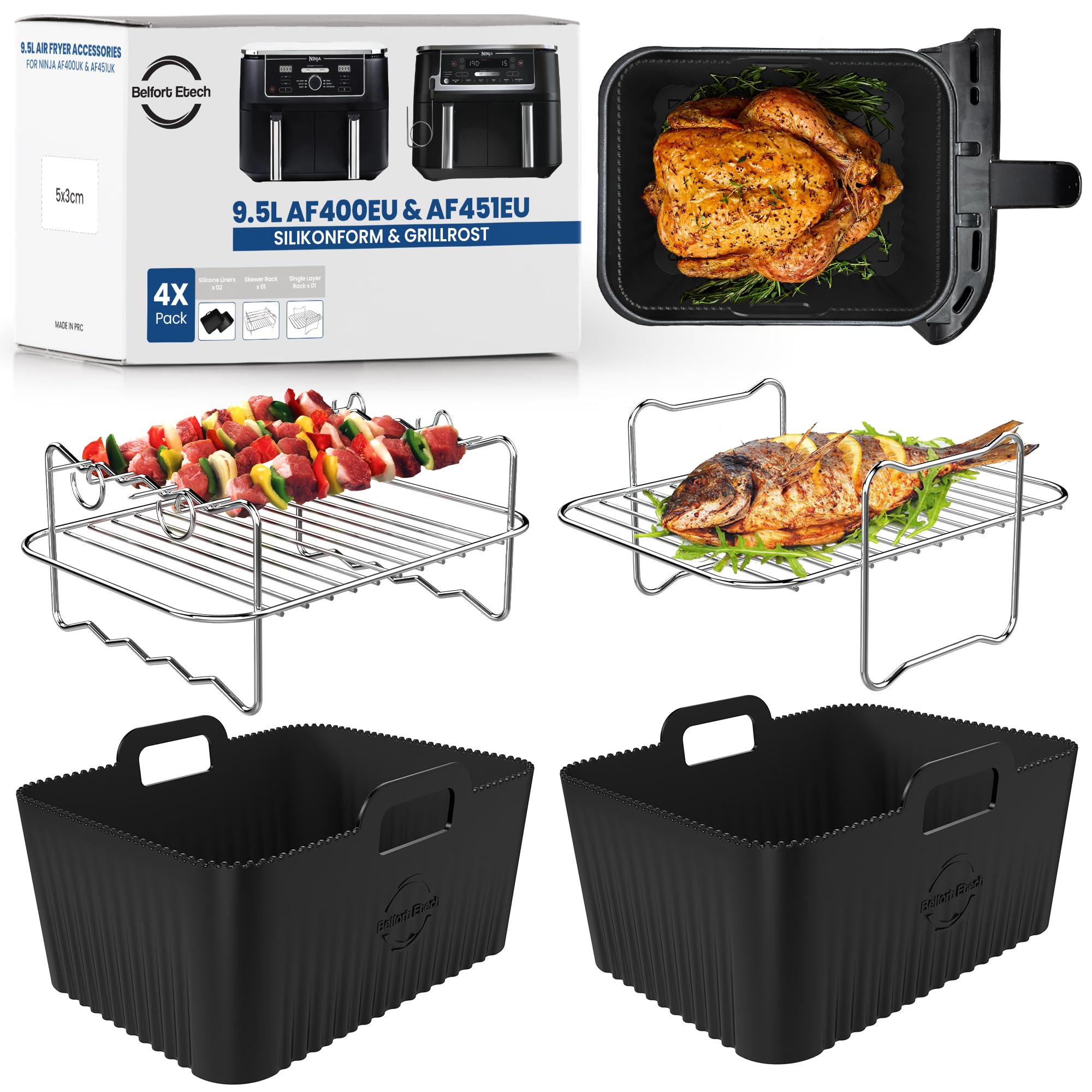 Ninja AF400EU & DZ400EU Silikonform & Grillrost | BPA-FREI | Hochwertige Materialien | 2,5mm dicke Silikonform | 4 Stück Airfryer Silikonform & Grillrost für Foodi Max Dual Zone AF400EU |
