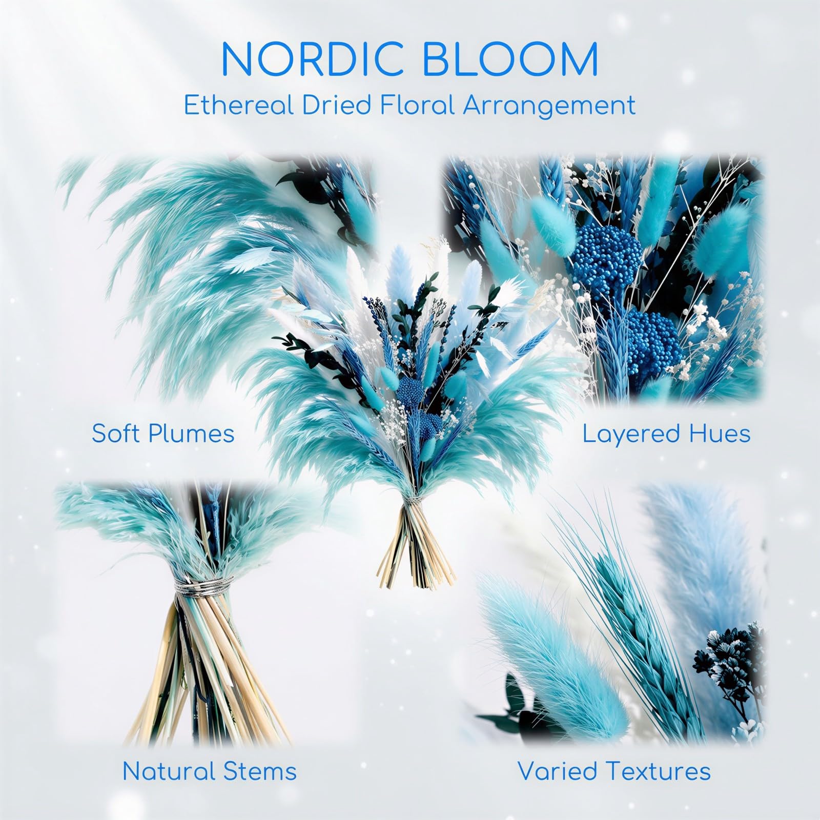 Pampasgras-Deko, 45 cm getrockneter Pampasgras-Strauß in Blau mit weißen Mischblumen, Boho-Stil, natürliche Trockenblumen für Home Office, Hochzeit, Bauernhaus, Tischdeko
