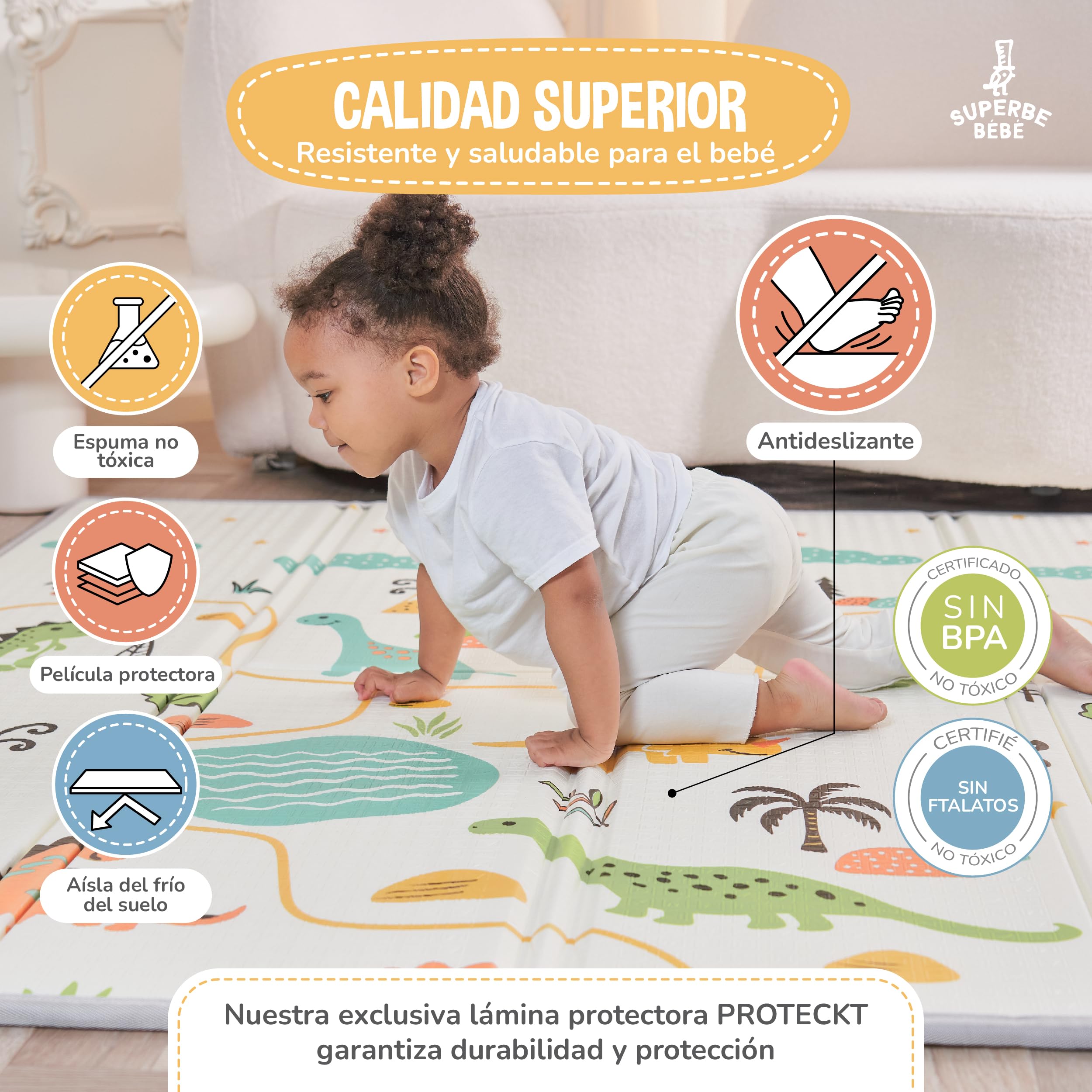 Alfombra Plegable Acolchada 150x180 - Manta Impermeable Reversible para Juegos de Bebé - Gimnasio y Actividades Infantiles