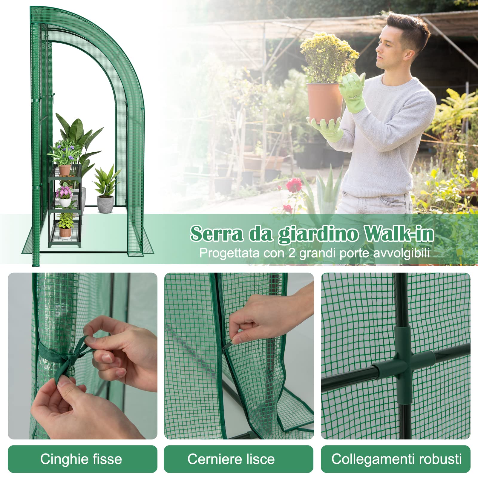 COSTWAY Serra da Giardino da Parete, Serra da Esterno Walk-in con Copertura in PE Resistente alle Intemperie, Porte a Cerniera Avvolgibili e Scaffale Porta Piante, 200 x 100 x 215 cm