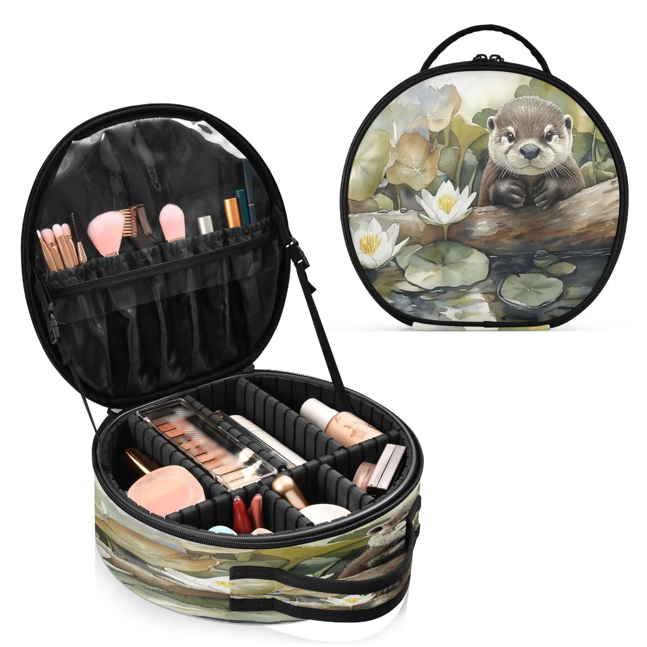 Takiito Otter in Pond Travel Makeup Case Portable Makeup Box Artist Cosmetic Case Organizer With Adjustable Dividers