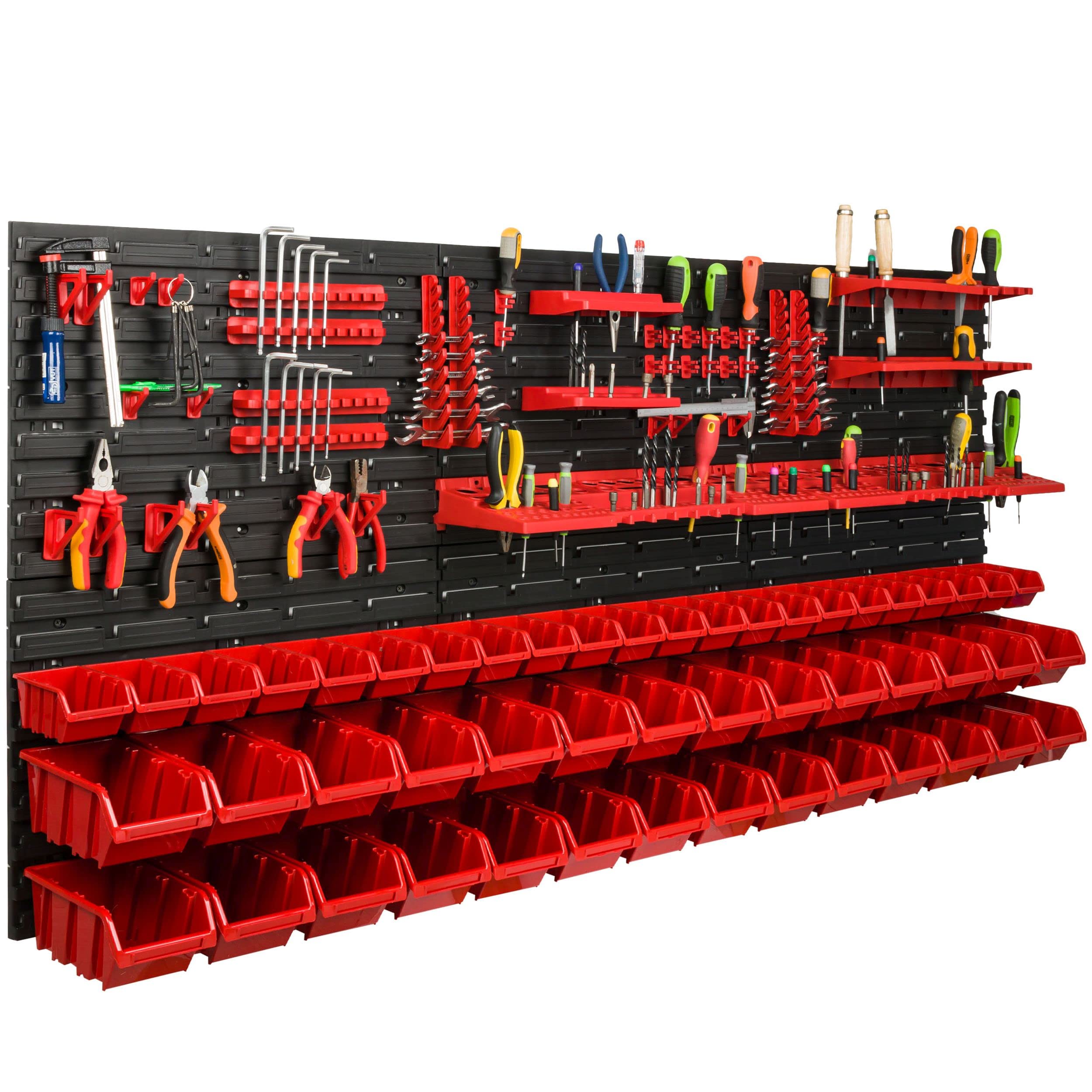 Scaffale da officina, 172 x 78 cm, 50 pezzi, con supporti per attrezzi e scatole impilabili, pannelli da parete, scaffali extra resistenti, per merci, garage, scaffali da parete