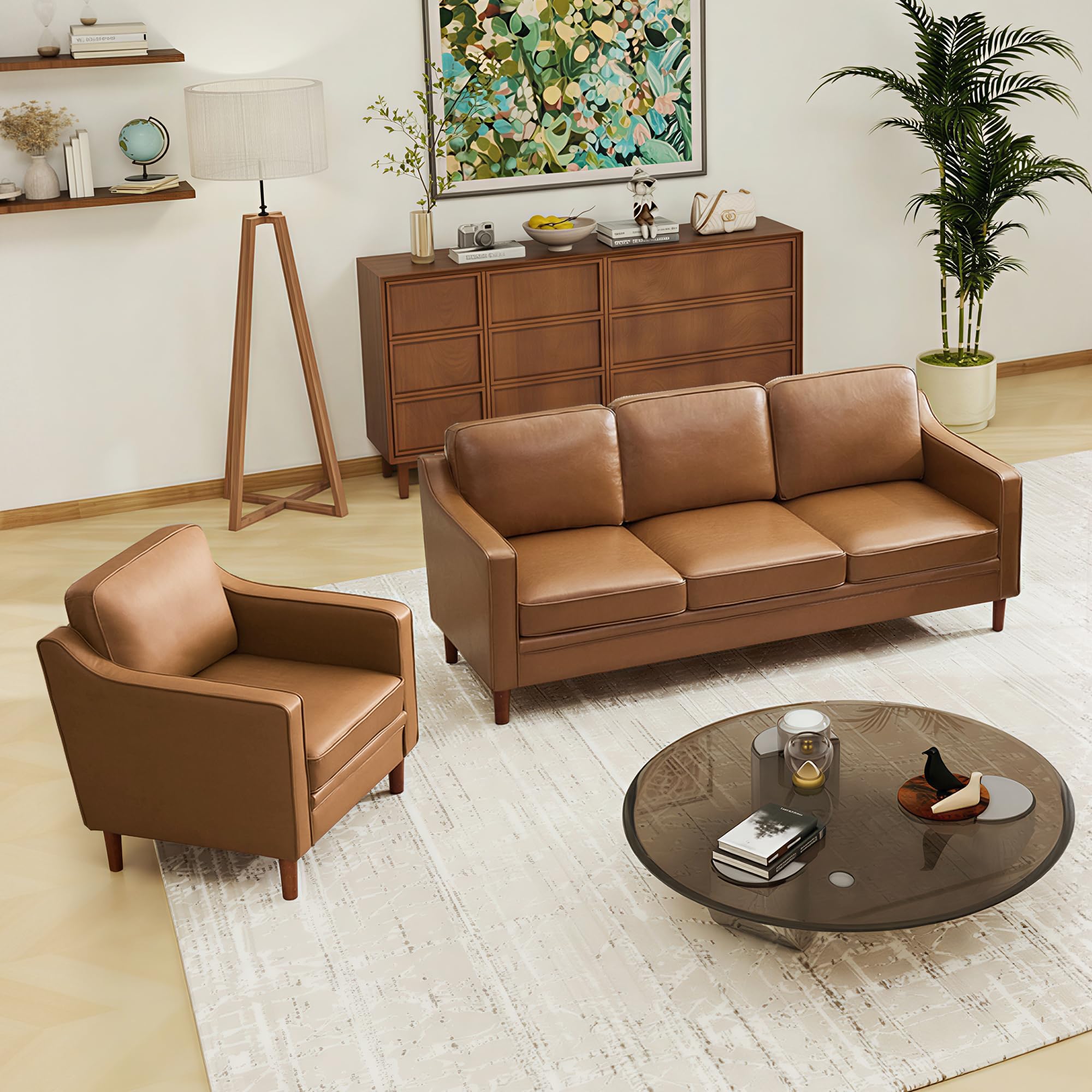 Kingfun Living Room Furniture Sets, 3 Seater Couch and Armchair, Mid Century Modern Sofa Set, Faux Leather Couch with Solid Wood Frame for Living Room & Bedroom, Brown